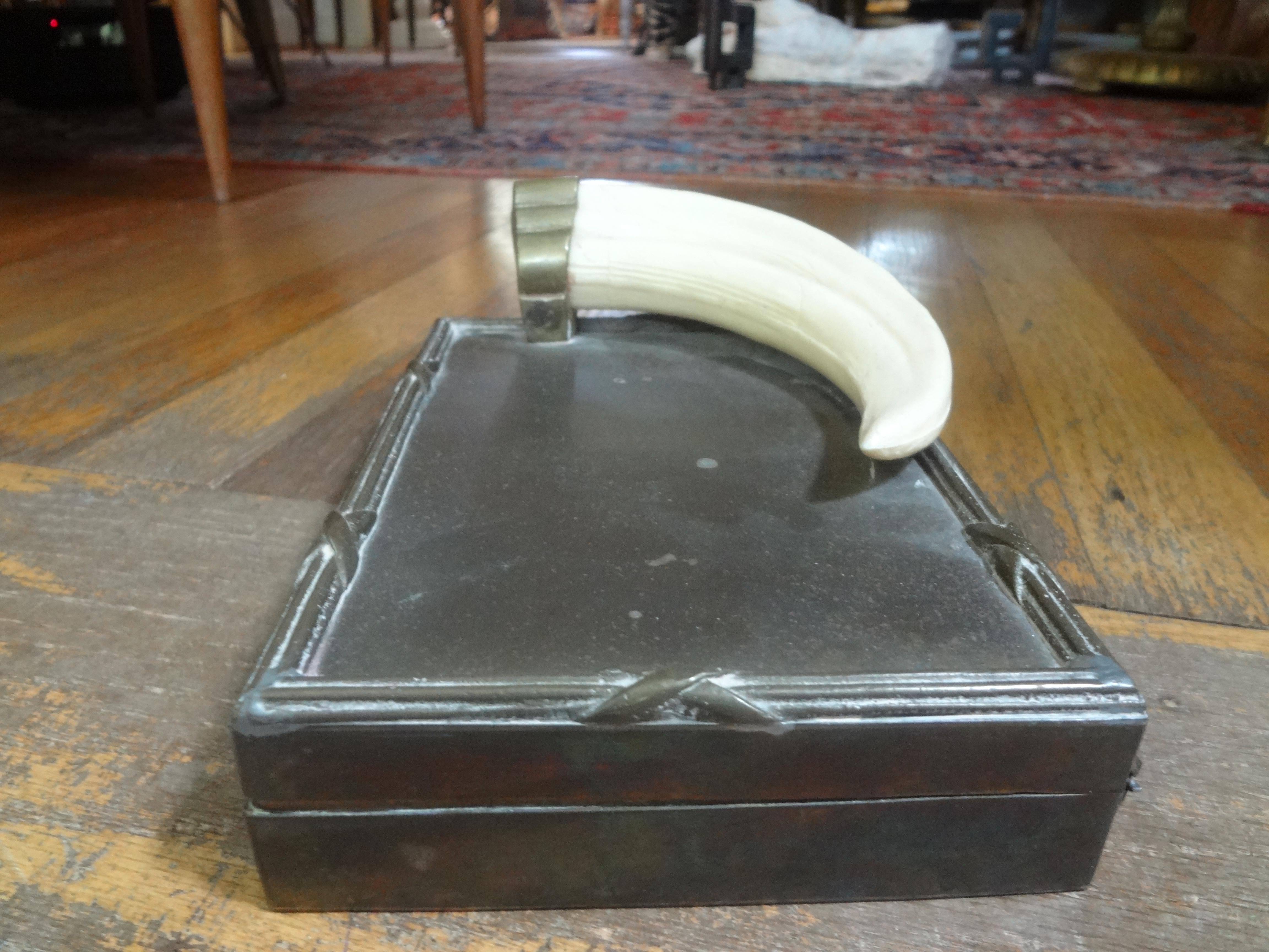 Indian Hollywood Regency Brass Box with Faux Ivory Tusk or Horn For Sale