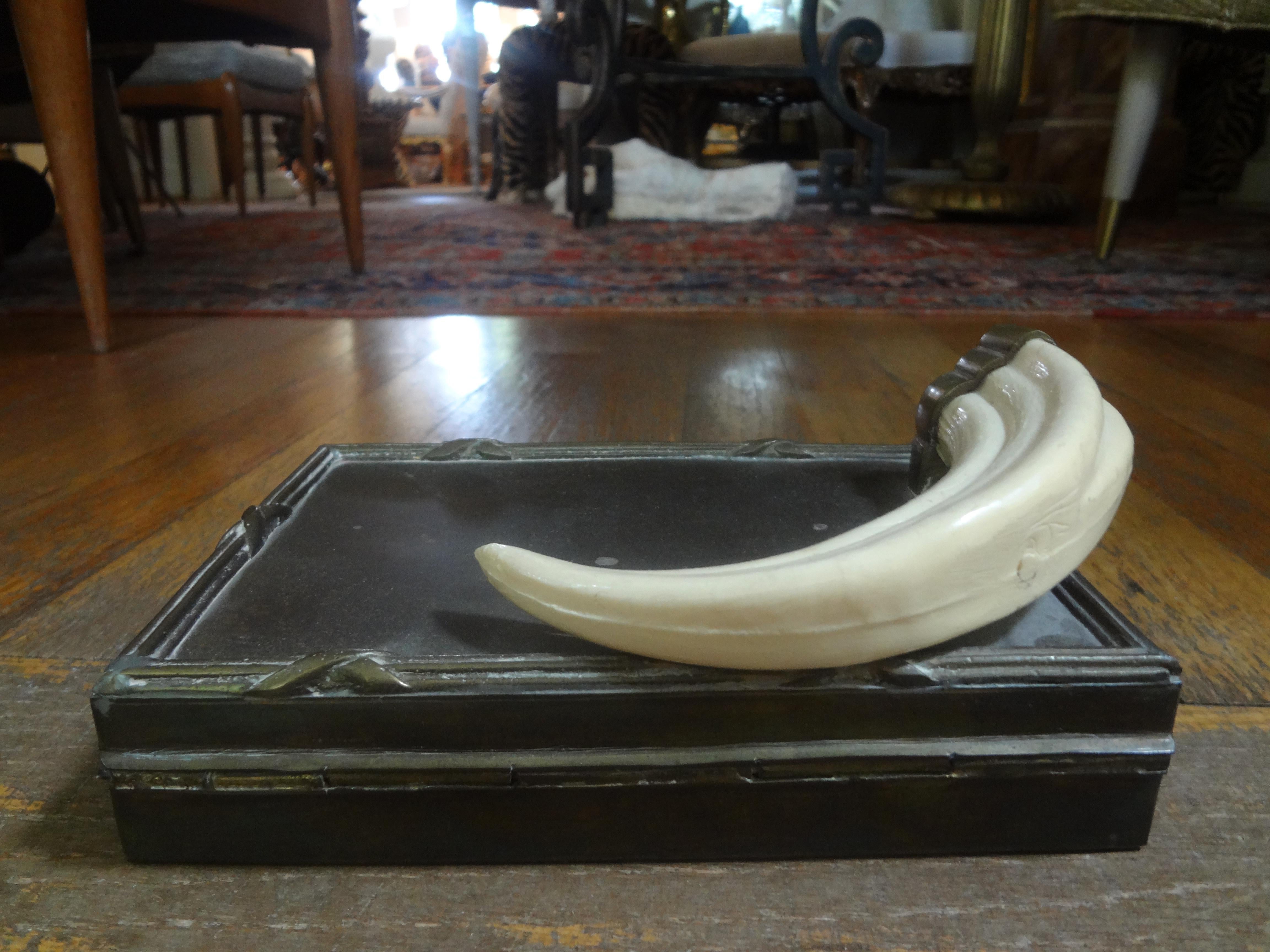 Hollywood Regency Brass Box with Faux Ivory Tusk or Horn In Good Condition For Sale In Houston, TX