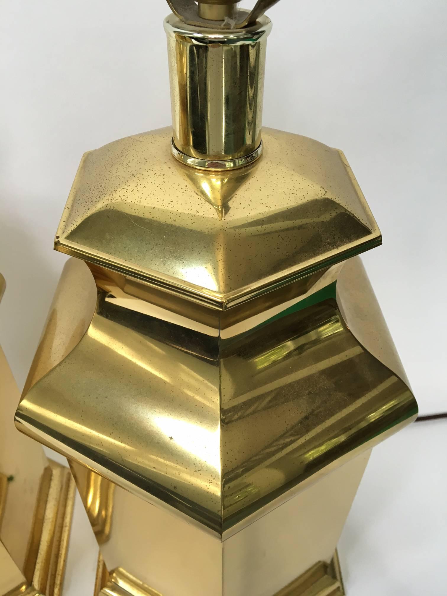 Hollywood Regency Brass Canister Table Lamps In Good Condition In Jacksonville, FL