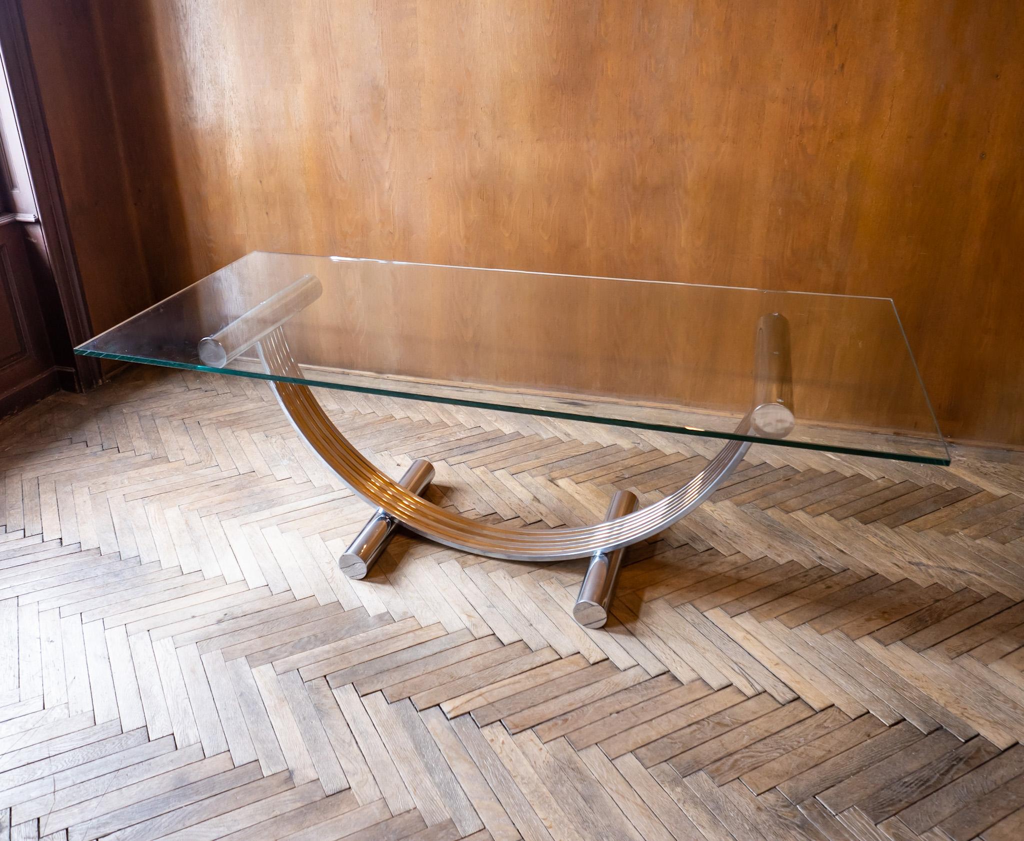 Hollywood Regency Brass Chrome Glass Table by Renato Zevi, Italy 1970s For Sale 14