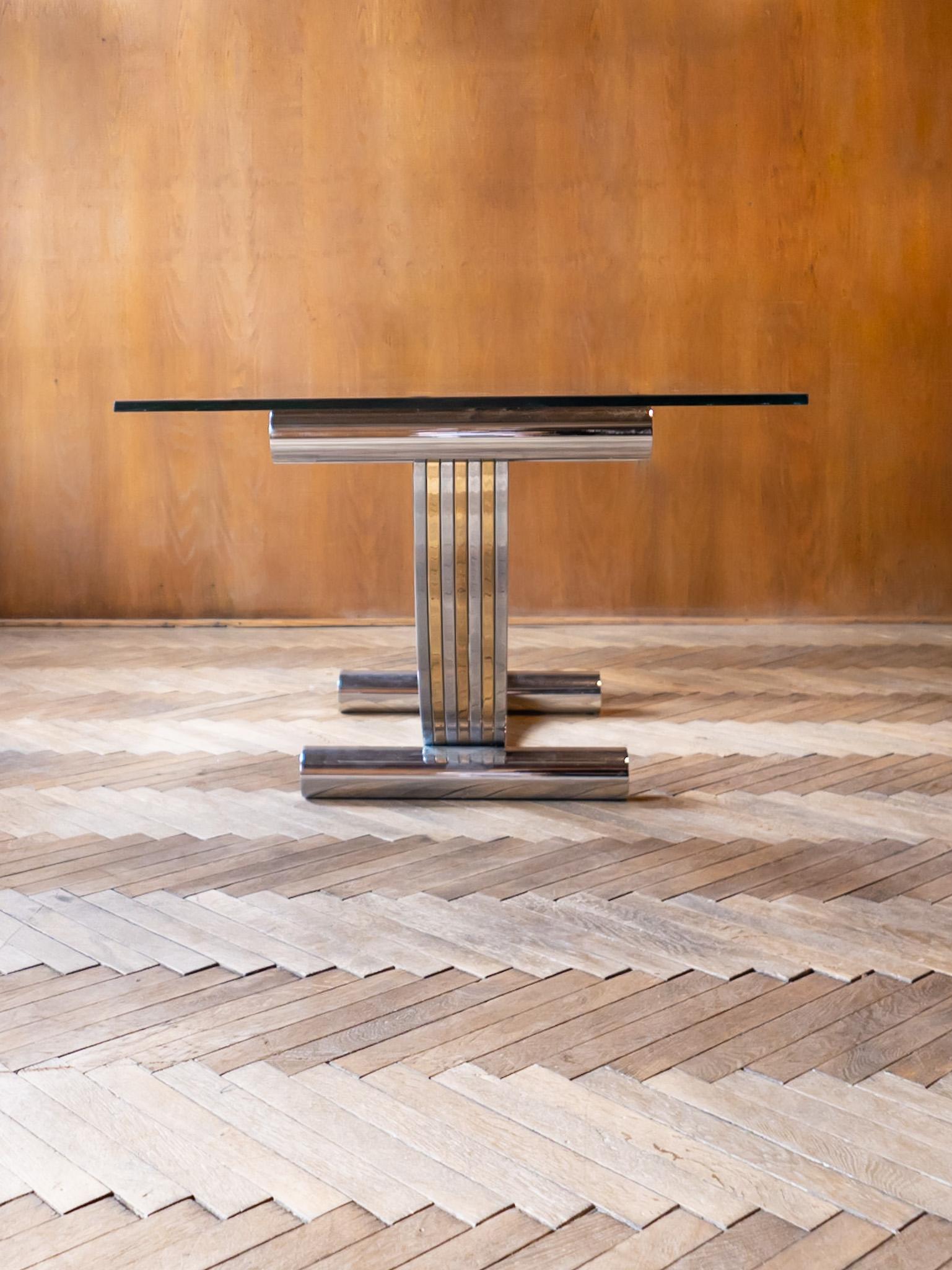 Late 20th Century Hollywood Regency Brass Chrome Glass Table by Renato Zevi, Italy 1970s For Sale