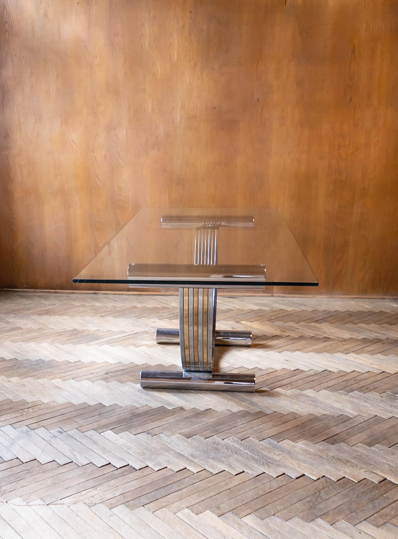 Hollywood Regency Brass Chrome Glass Table by Renato Zevi, Italy 1970s For Sale 1