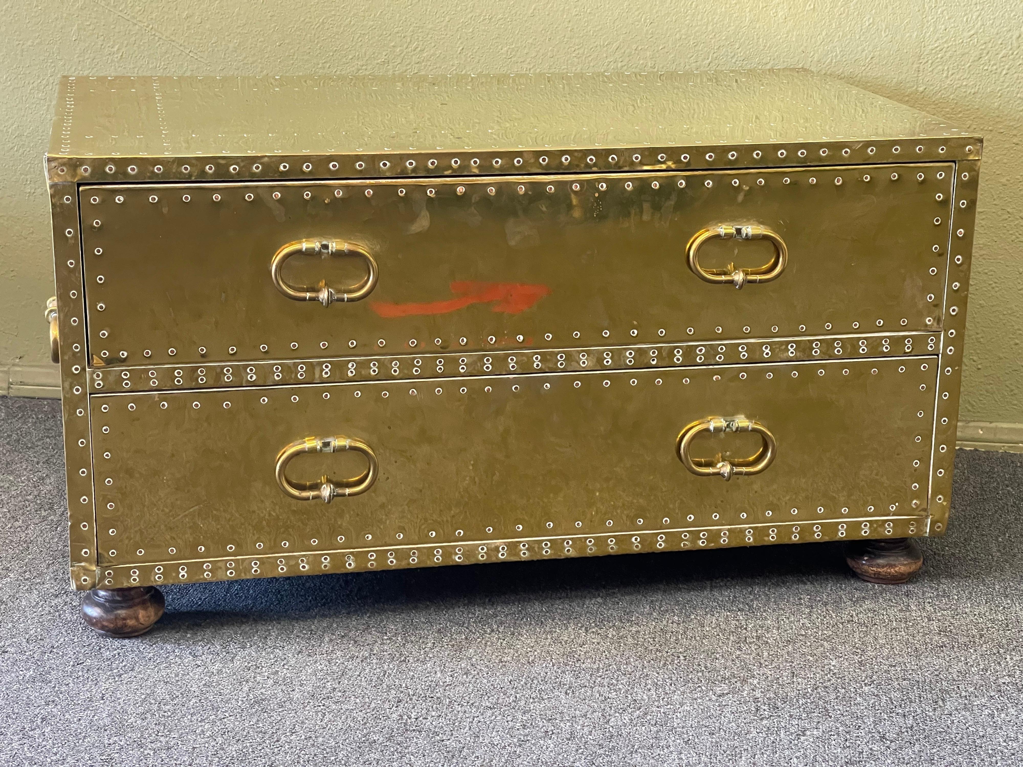 Hollywood Regency Brass Clad Two Drawer Chest by Sarreid LTD of Spain In Good Condition In San Diego, CA