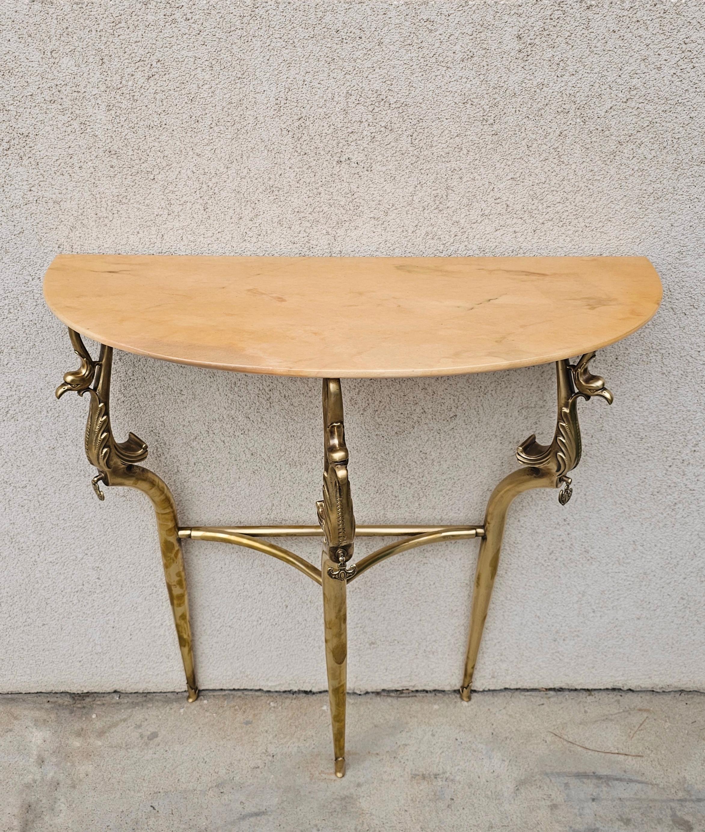 Italian Hollywood Regency Brass Console Table with Semi-Circular Marble Top, Italy 1950s For Sale