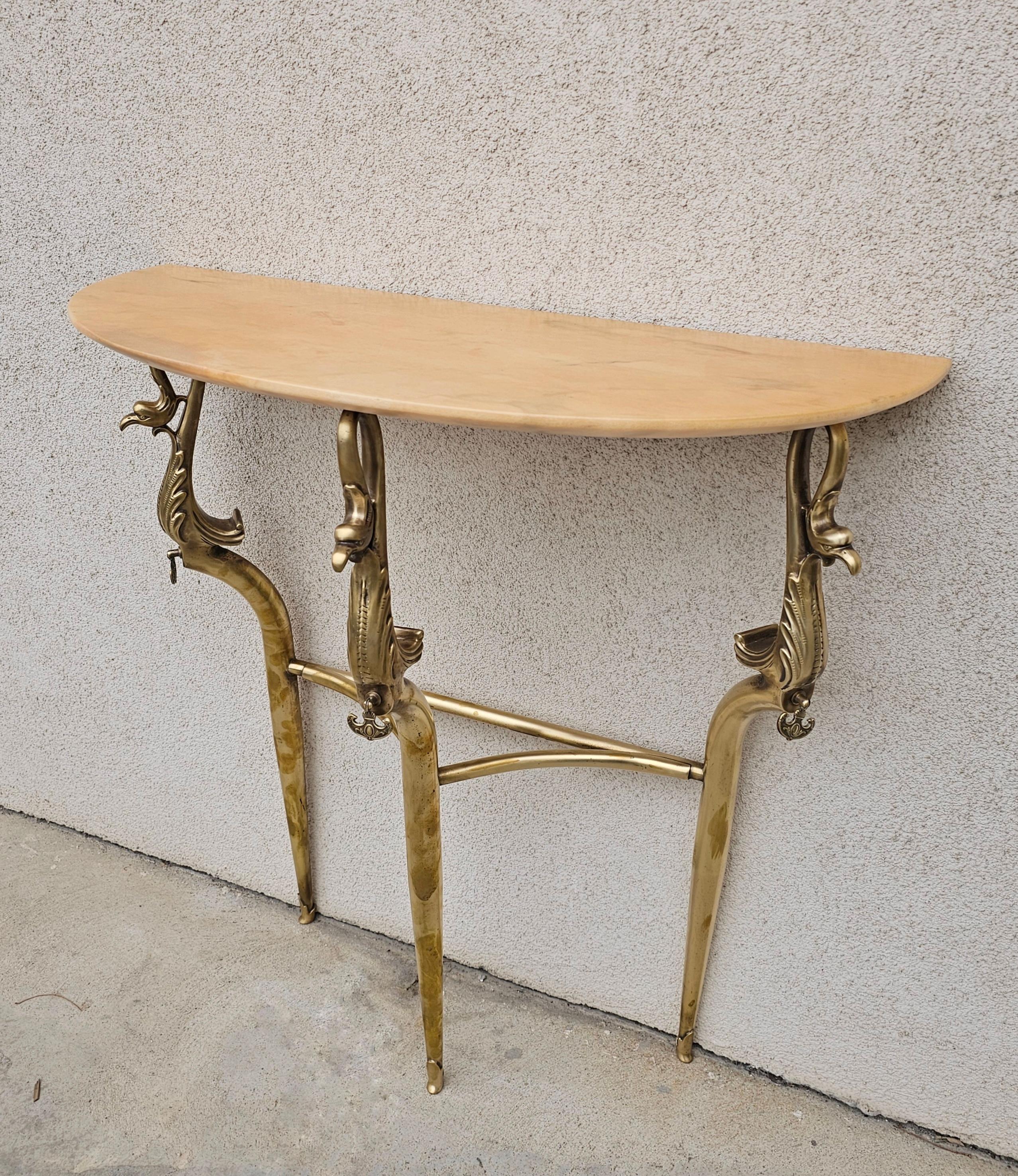 Hollywood Regency Brass Console Table with Semi-Circular Marble Top, Italy 1950s For Sale 1