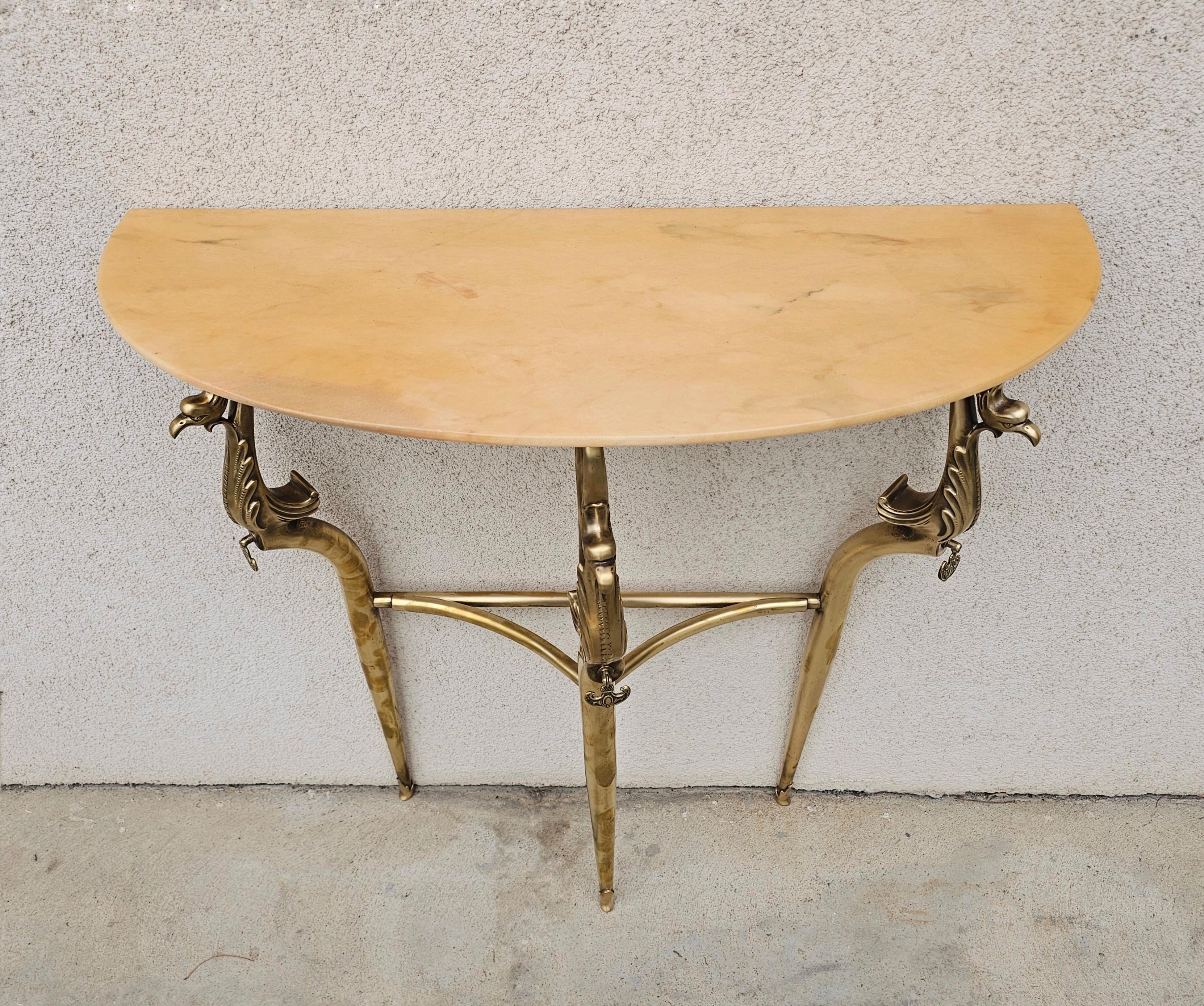 Hollywood Regency Brass Console Table with Semi-Circular Marble Top, Italy 1950s For Sale 3