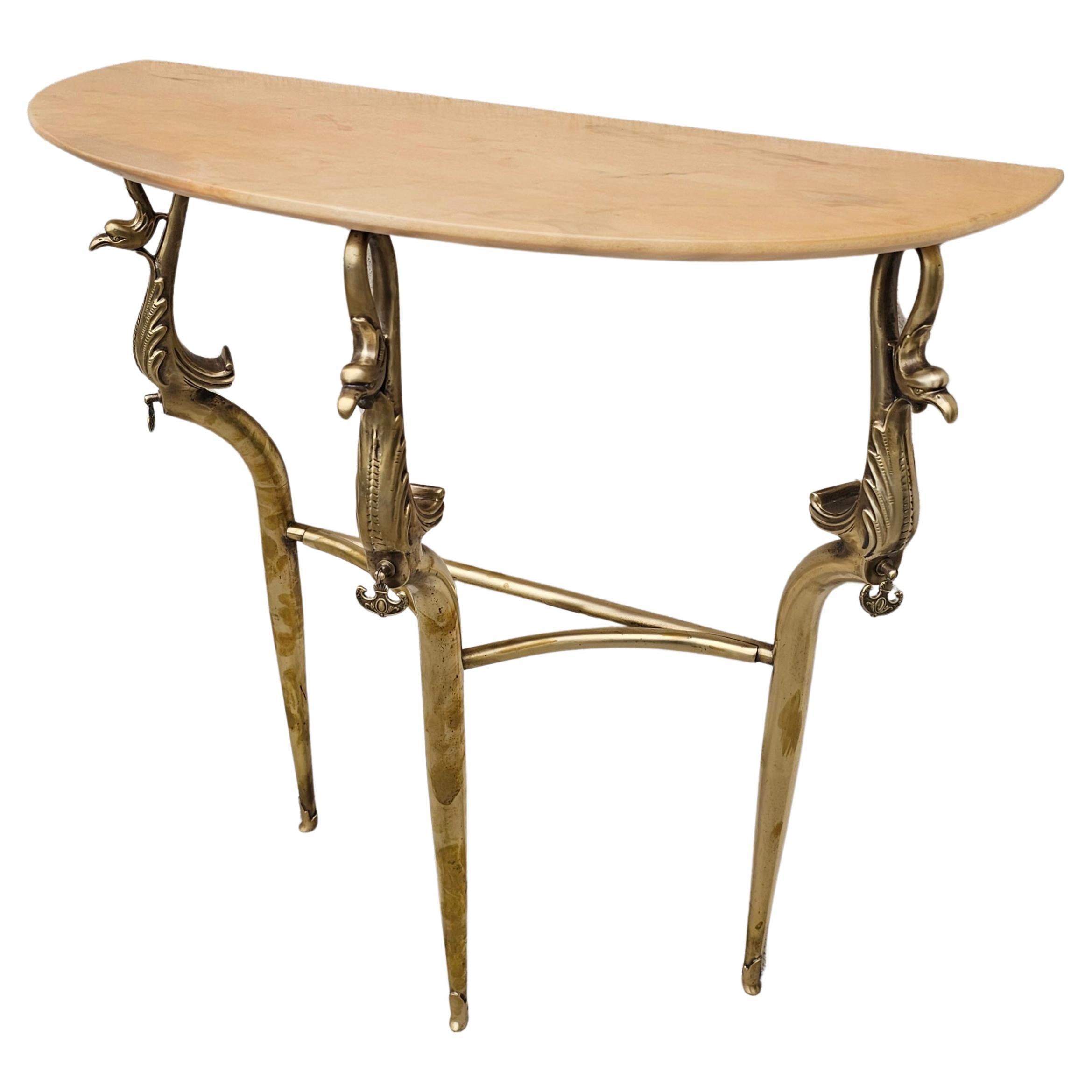 Hollywood Regency Brass Console Table with Semi-Circular Marble Top, Italy 1950s For Sale