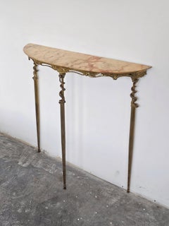Hollywood Regency Brass Demilune Console with Marble Top featuring Sea Snakes