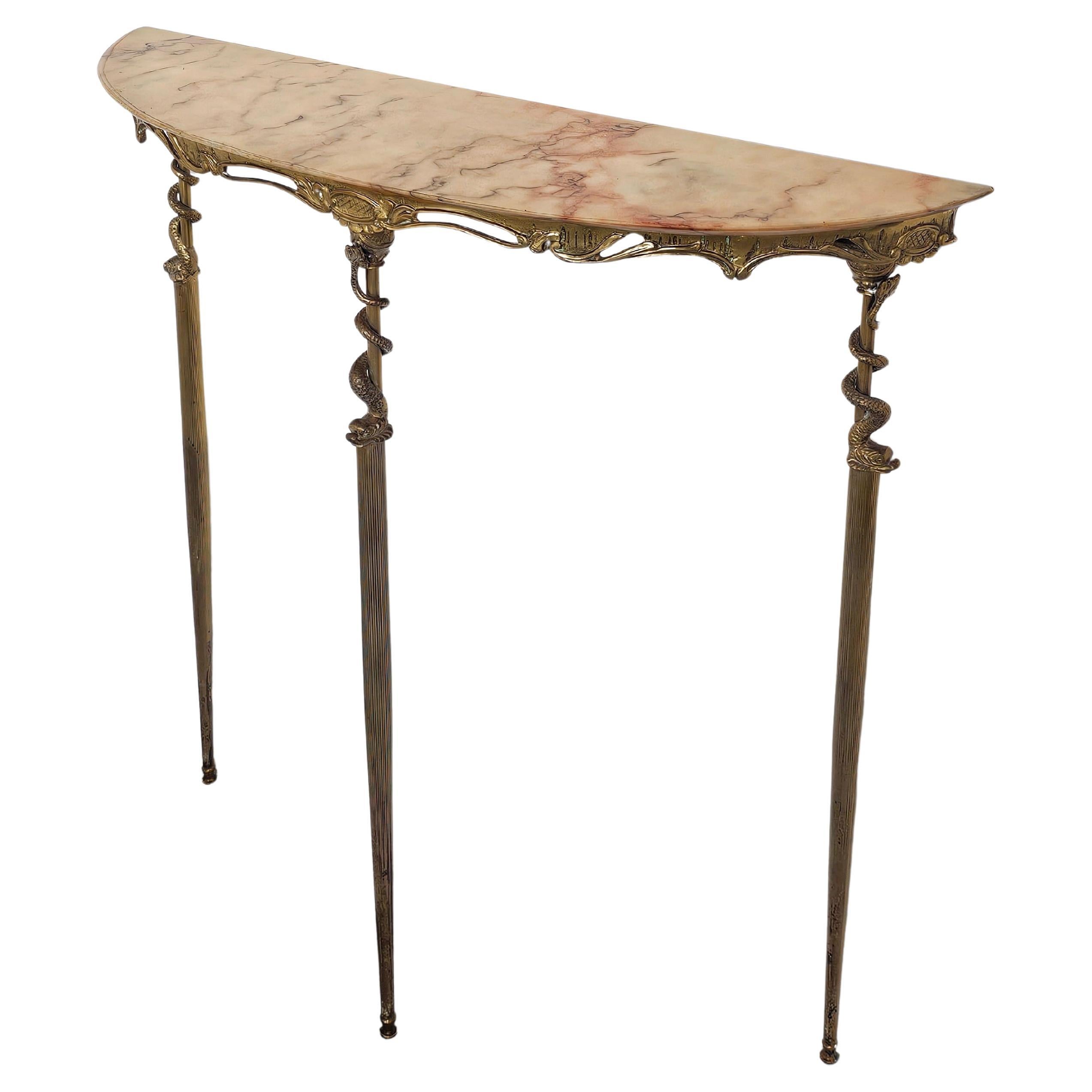 Hollywood Regency Brass Demilune Console with Marble Top featuring Sea Snakes