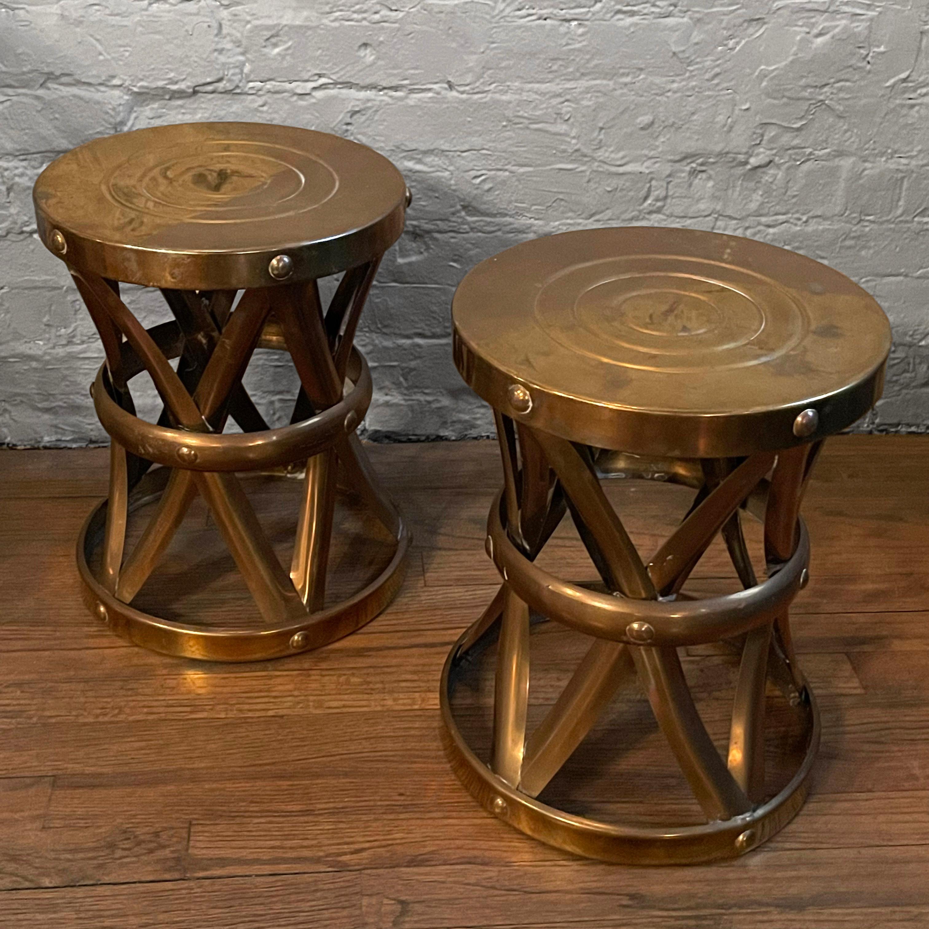 Hollywood Regency Brass Drum Stools by Sarreid In Good Condition In Brooklyn, NY