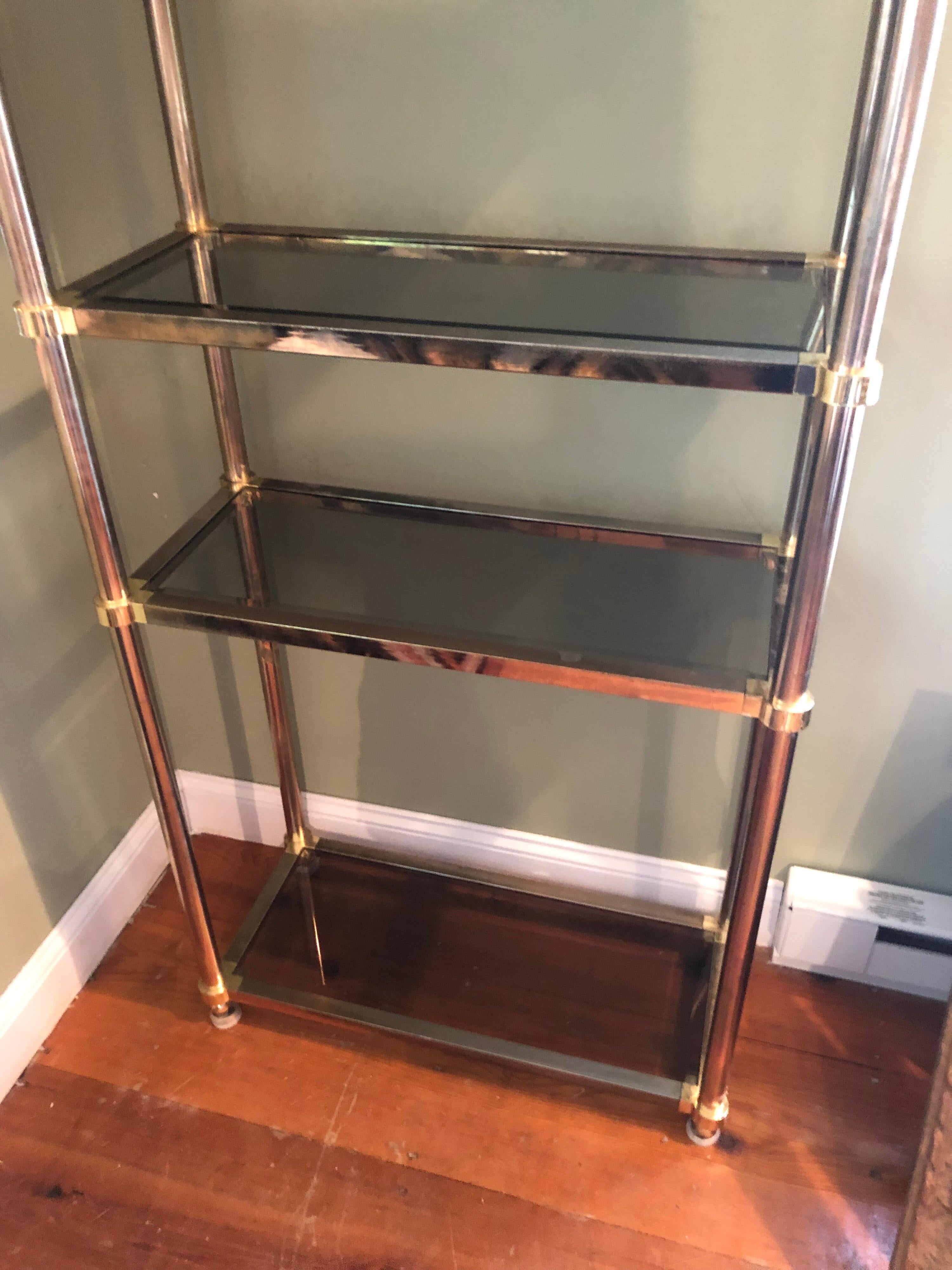 Plated Hollywood Regency Brass Étagère with Smoked Glass