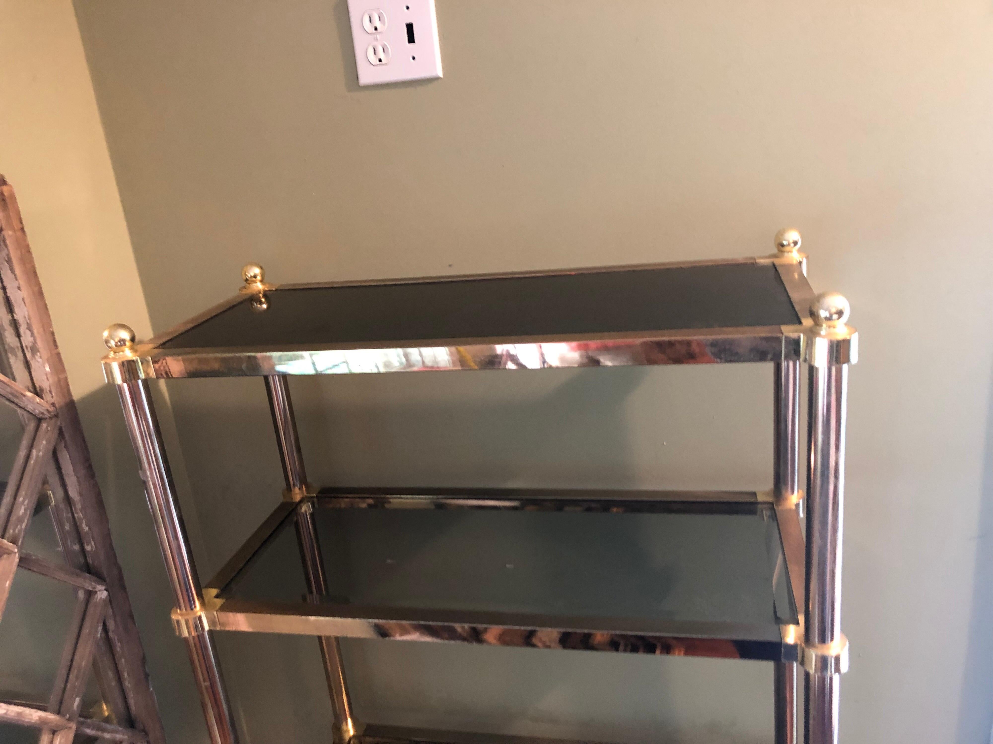 Hollywood Regency Brass Étagère with Smoked Glass In Fair Condition In Redding, CT