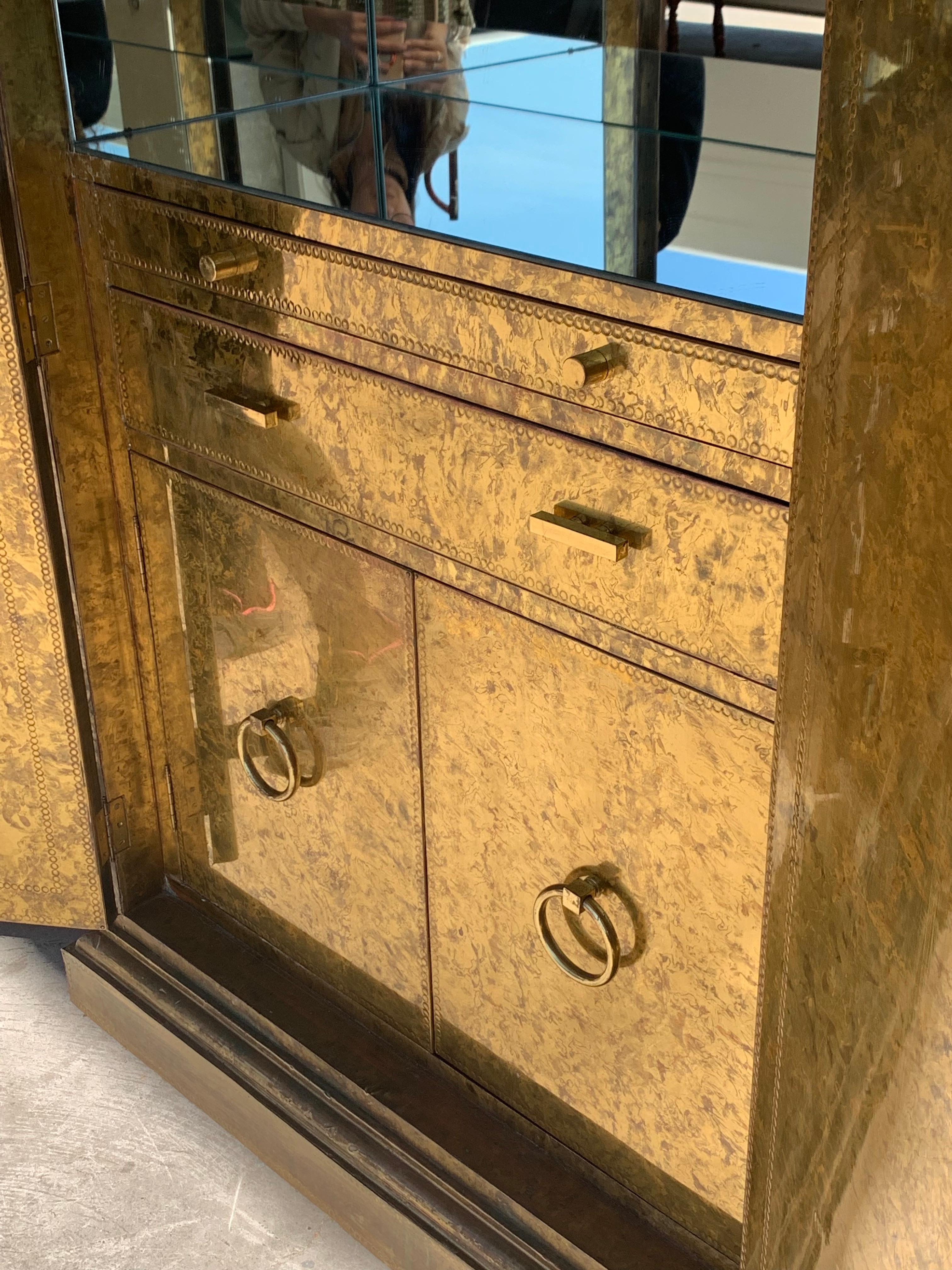 Hollywood Regency Brass Faces Dry Bar with Mirrored Interior 7