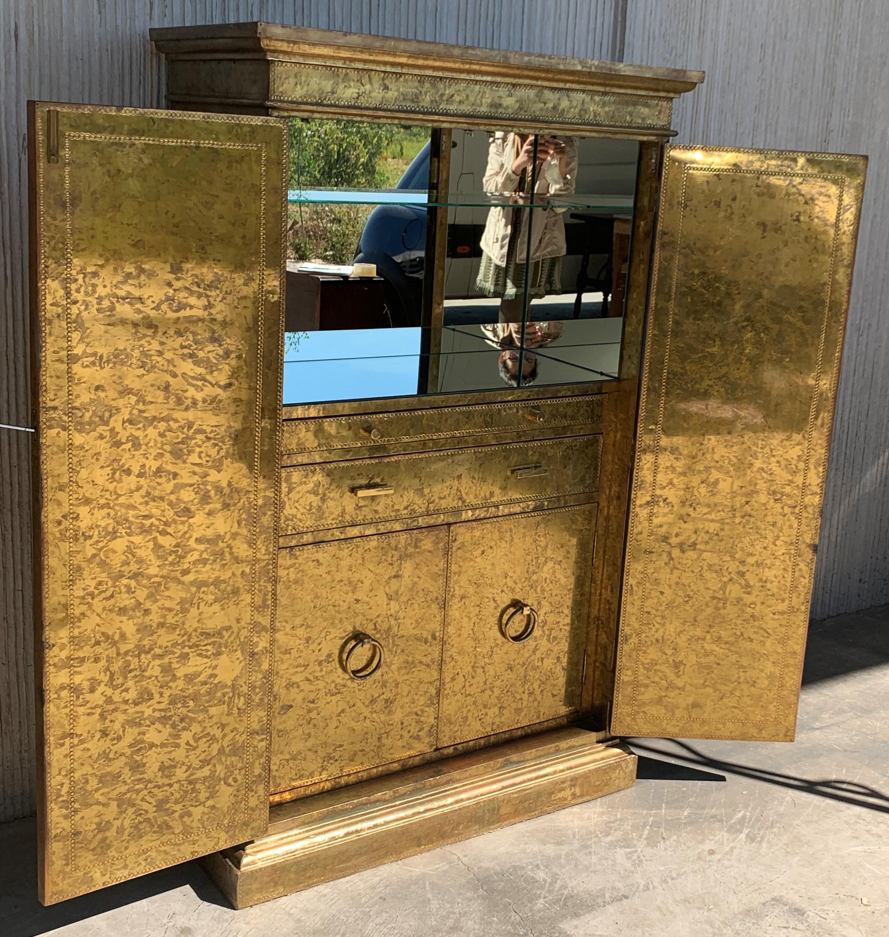European Hollywood Regency Brass Faces Dry Bar with Mirrored Interior