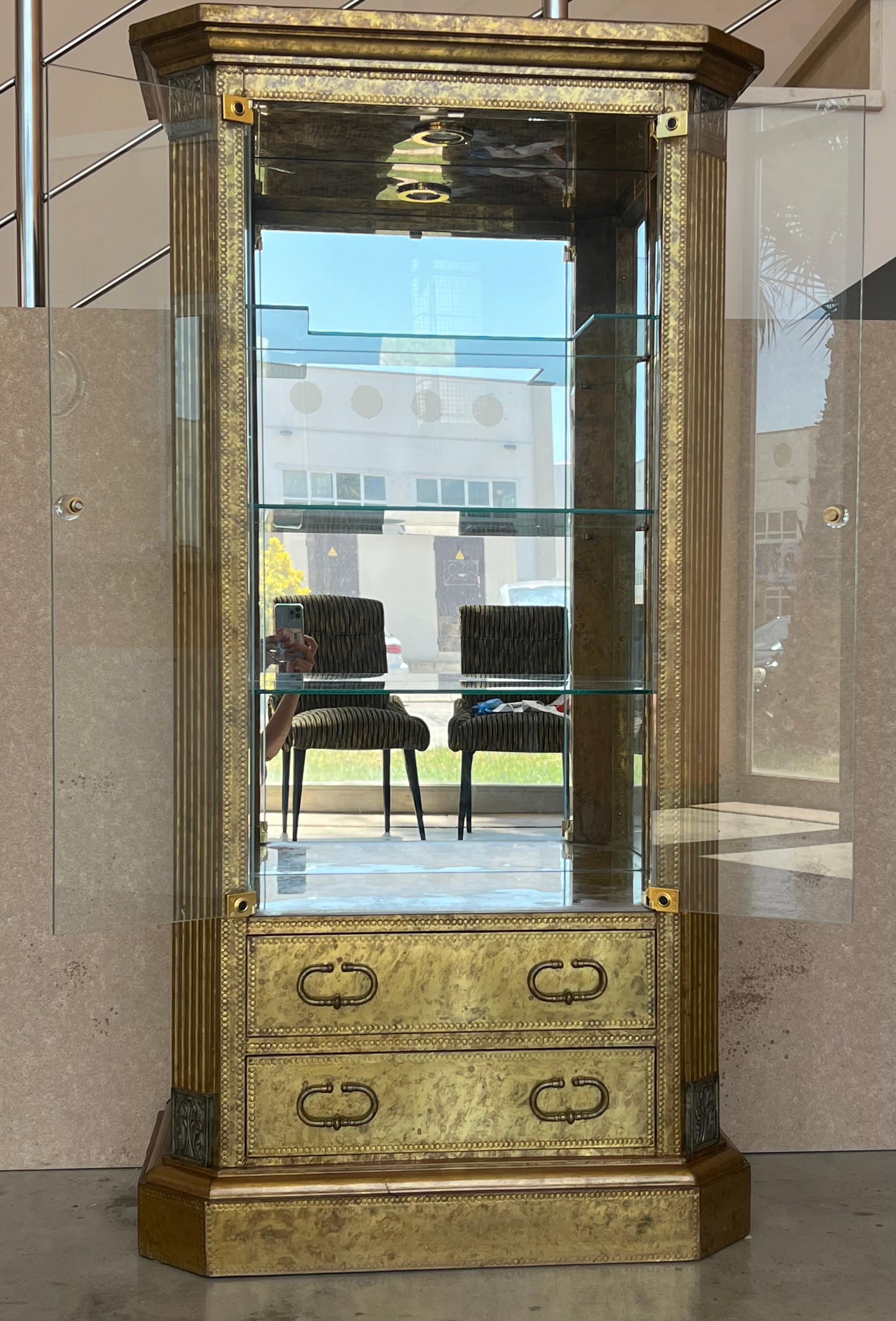 European Hollywood Regency Brass Faces Dry Bar with Mirrored Interior For Sale