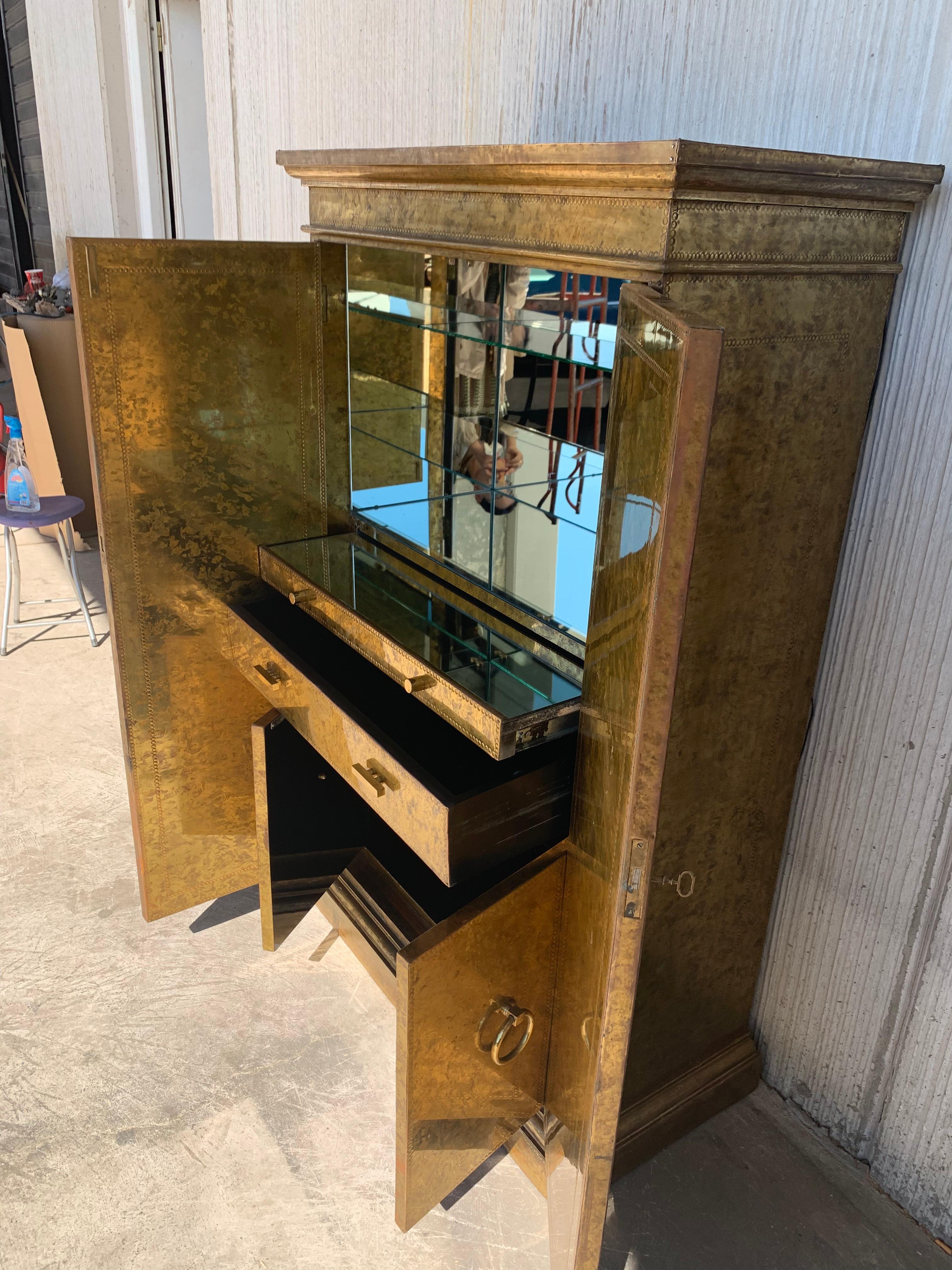 20th Century Hollywood Regency Brass Faces Dry Bar with Mirrored Interior