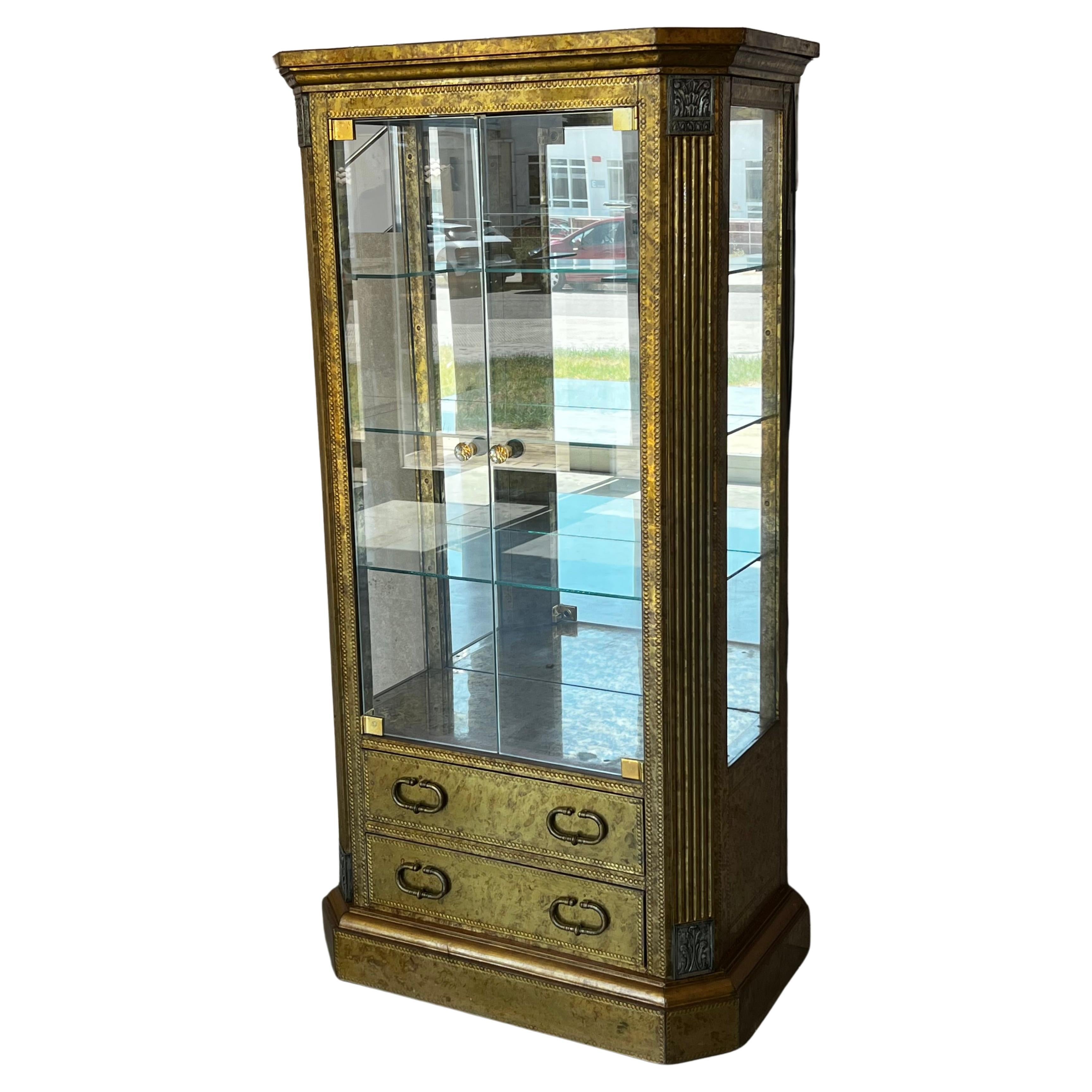 Hollywood Regency Brass Faces Dry Bar with Mirrored Interior For Sale