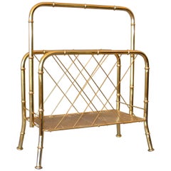 Hollywood Regency Brass Faux Bamboo and Cane Magazine Newspaper Stand Rack