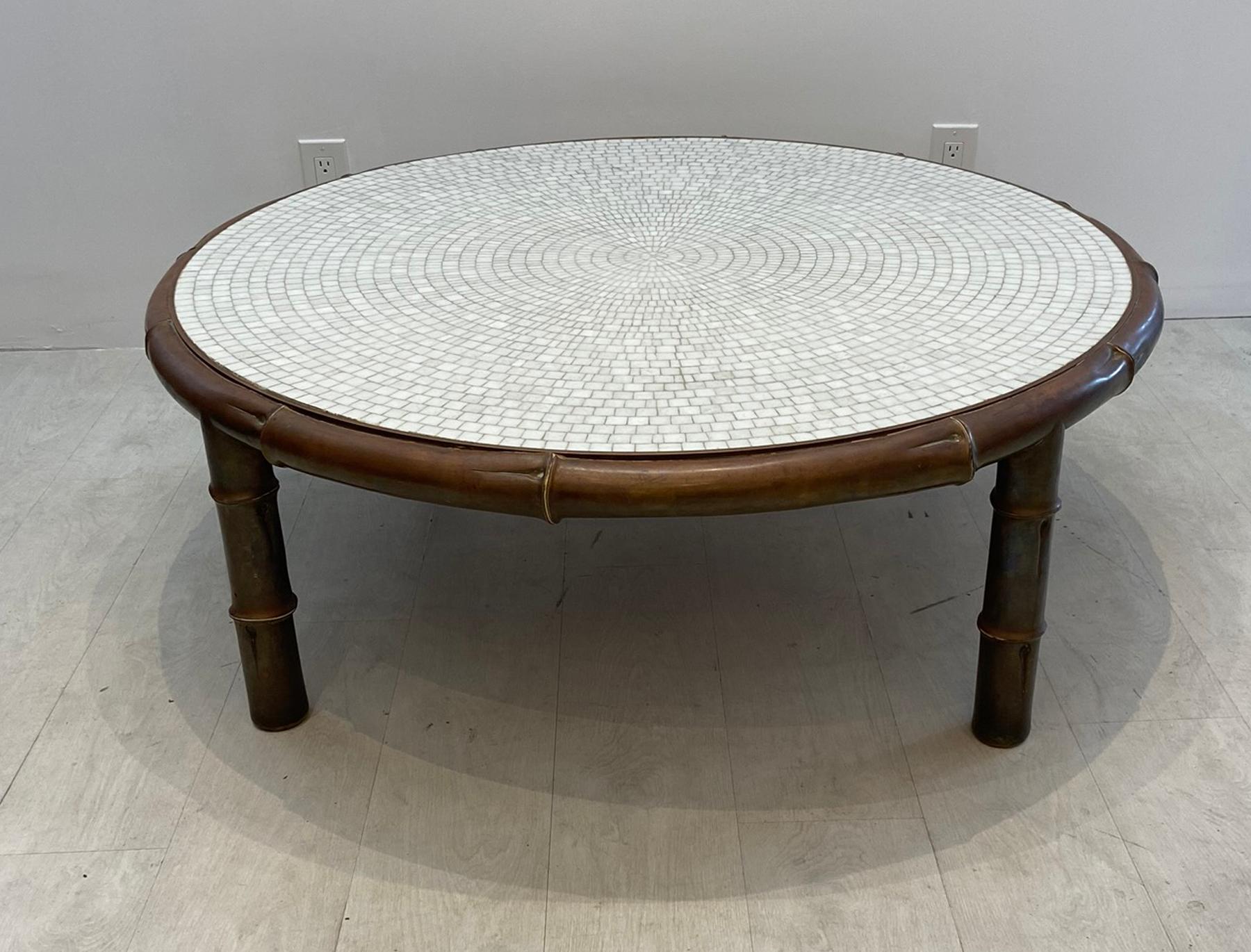 Vintage brass faux bamboo coffee table with inset mosaic Italian glass top. This table has a great look to it very well made fairly unique piece of furniture.
