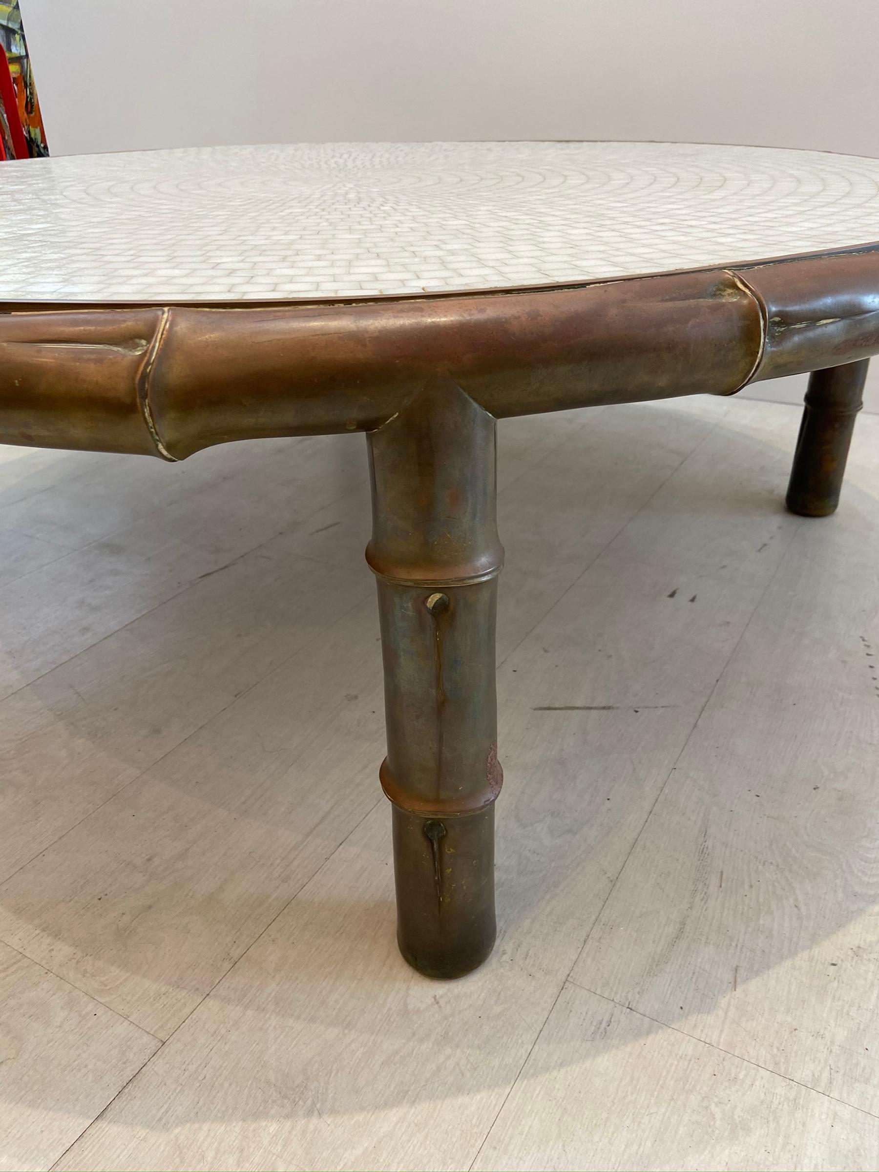 Hollywood Regency Brass Faux Bamboo Coffee Table with Mosaic Glass Top In Good Condition In West Palm Beach, FL