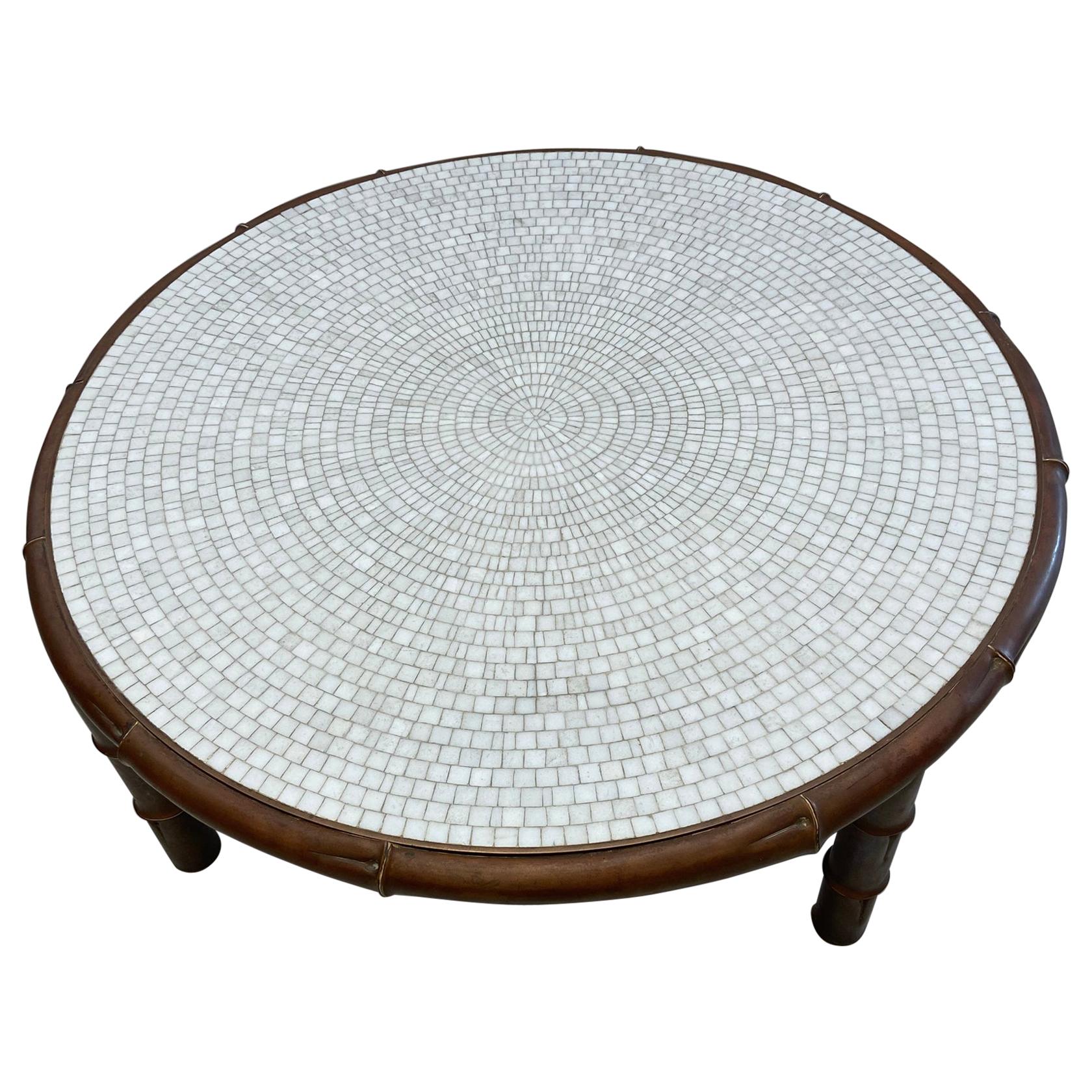 Hollywood Regency Brass Faux Bamboo Coffee Table with Mosaic Glass Top