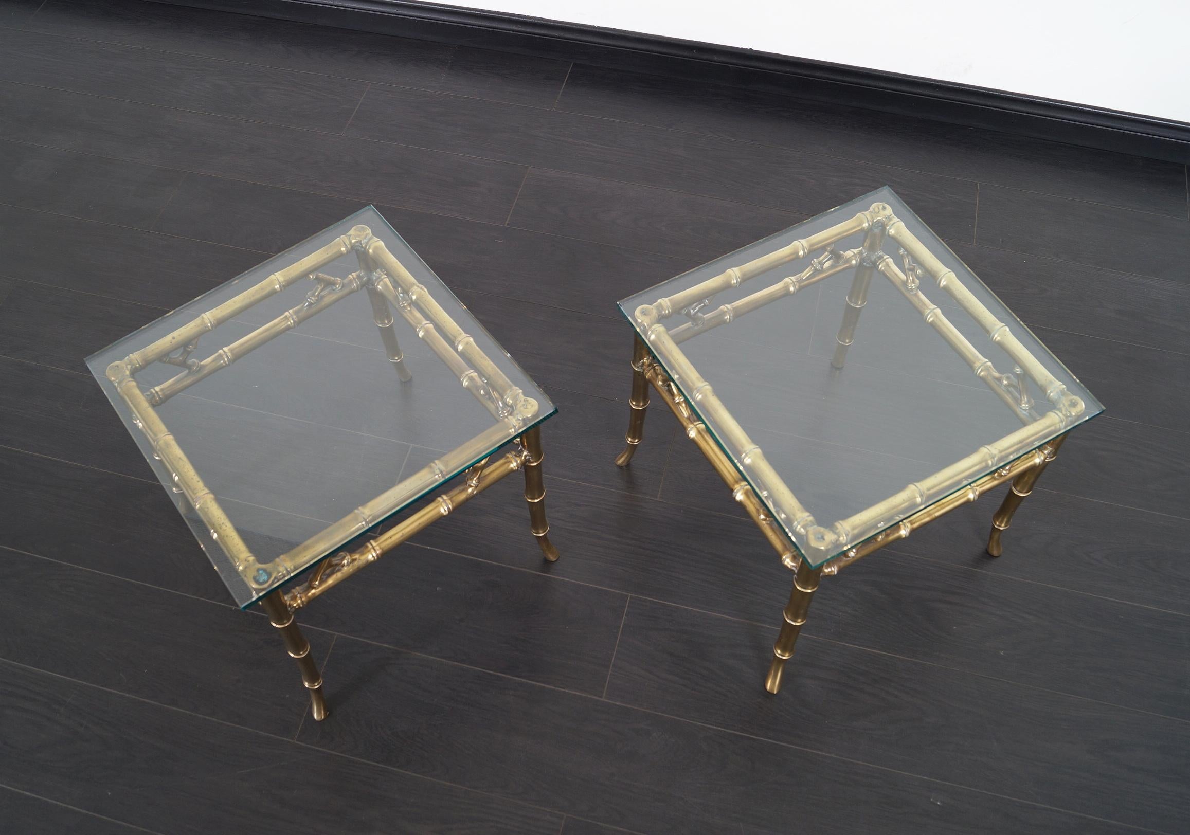 Hollywood Regency Brass Faux Bamboo Side Tables 3
