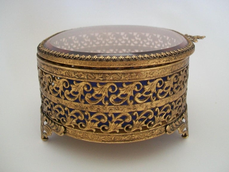 Hollywood Regency Brass Filigree and Glass Jewelry Box, France, Mid ...