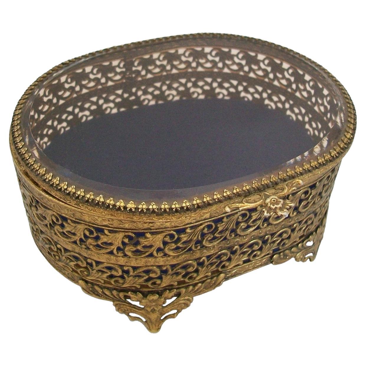 Hollywood Regency Brass Filigree & Glass Jewelry Box, France, Mid-20th Century For Sale