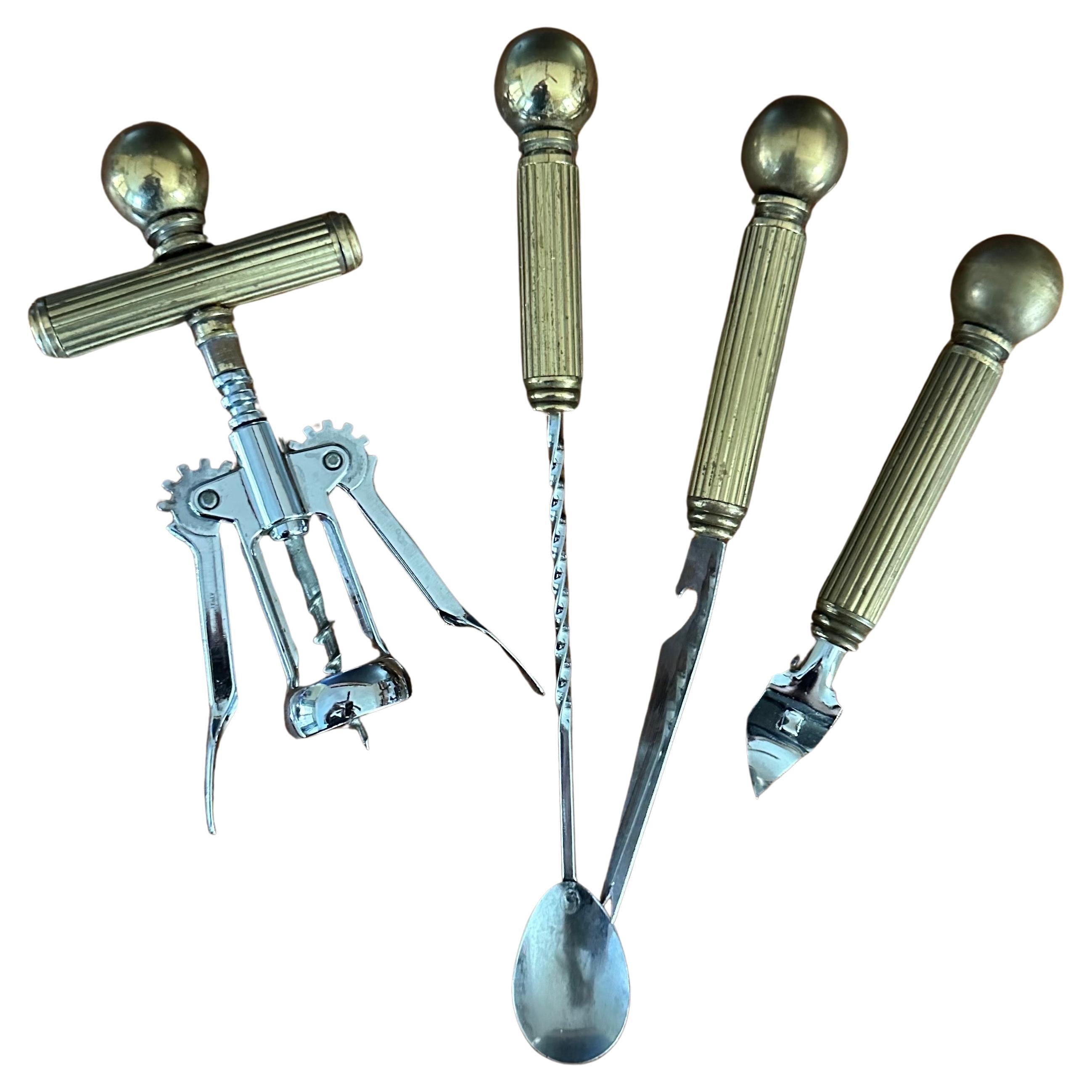 Hong Kong Hollywood Regency Brass Five Piece Cocktail Bar Tool Set by Maxwell Phillips For Sale