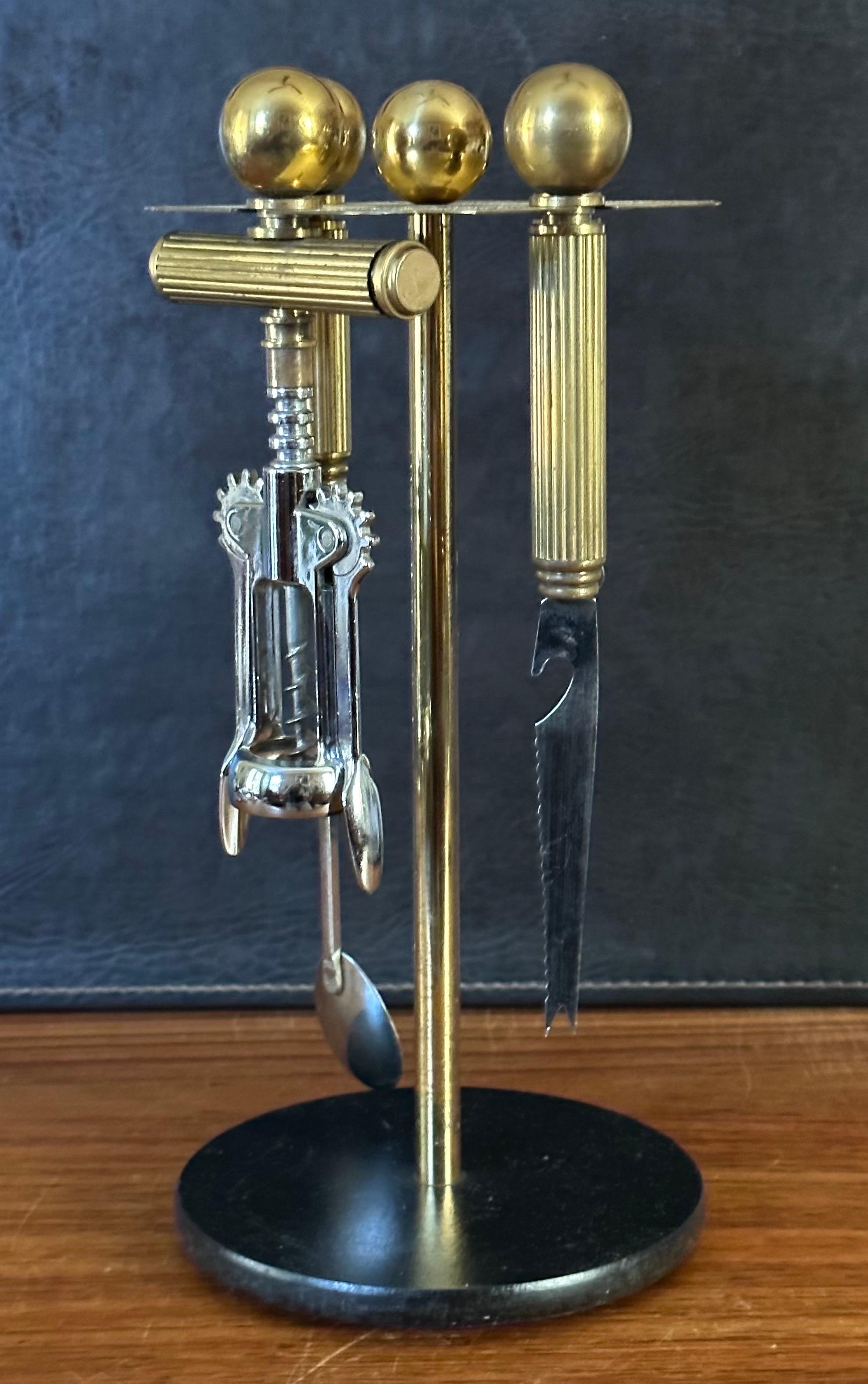 Hollywood Regency Brass Five Piece Cocktail Bar Tool Set by Maxwell Phillips In Good Condition For Sale In San Diego, CA