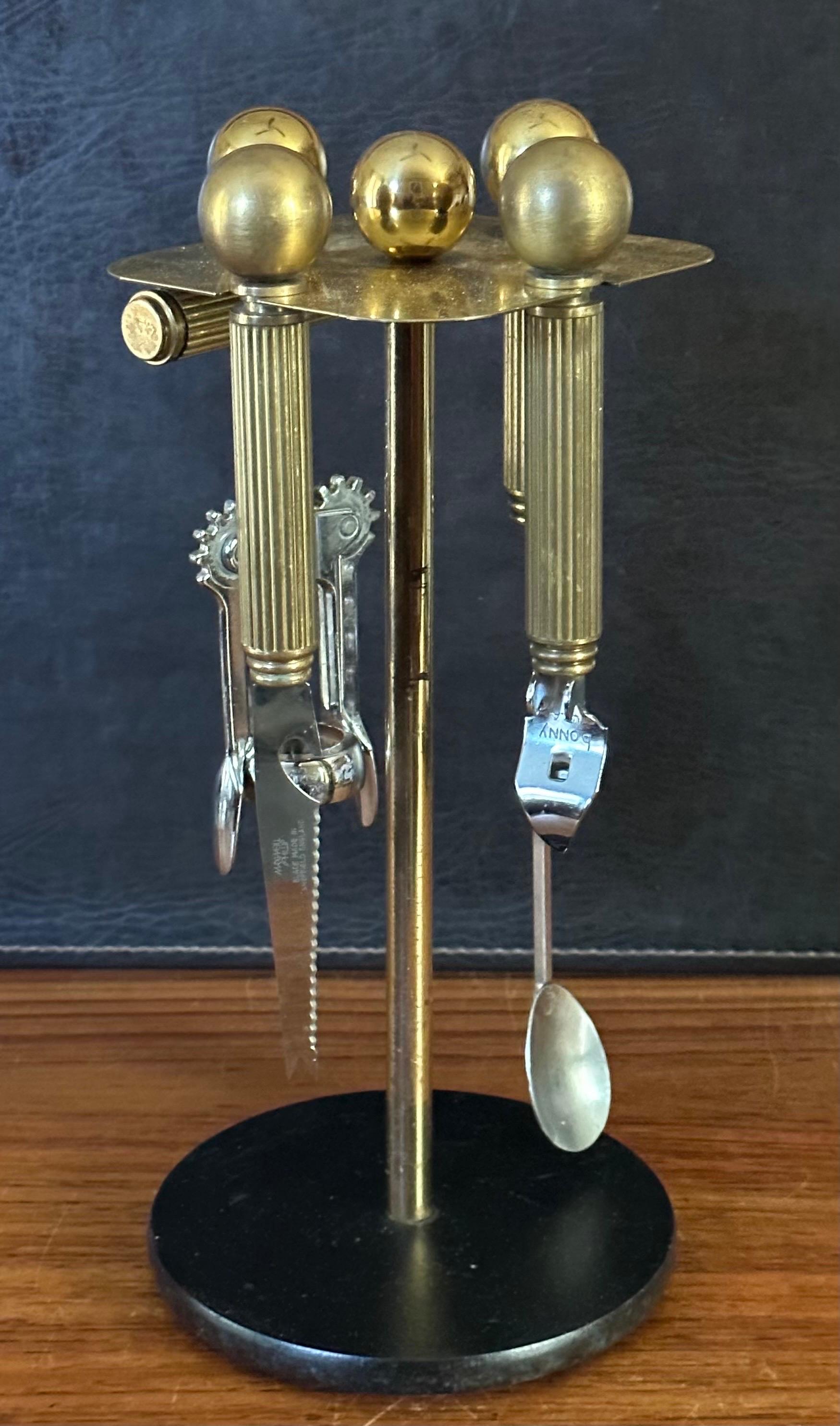 20th Century Hollywood Regency Brass Five Piece Cocktail Bar Tool Set by Maxwell Phillips For Sale