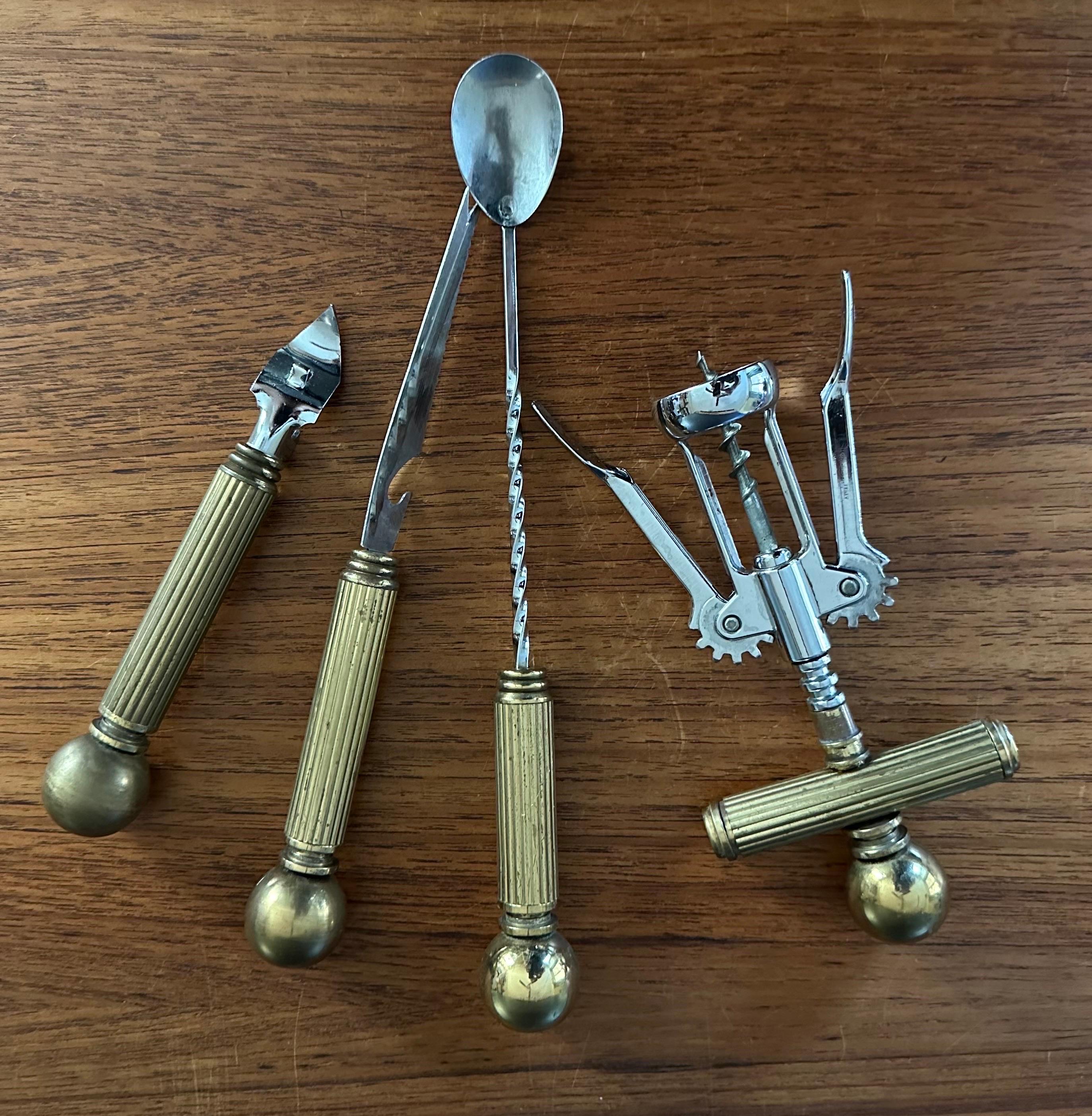 Hollywood Regency Brass Five Piece Cocktail Bar Tool Set by Maxwell Phillips For Sale 3