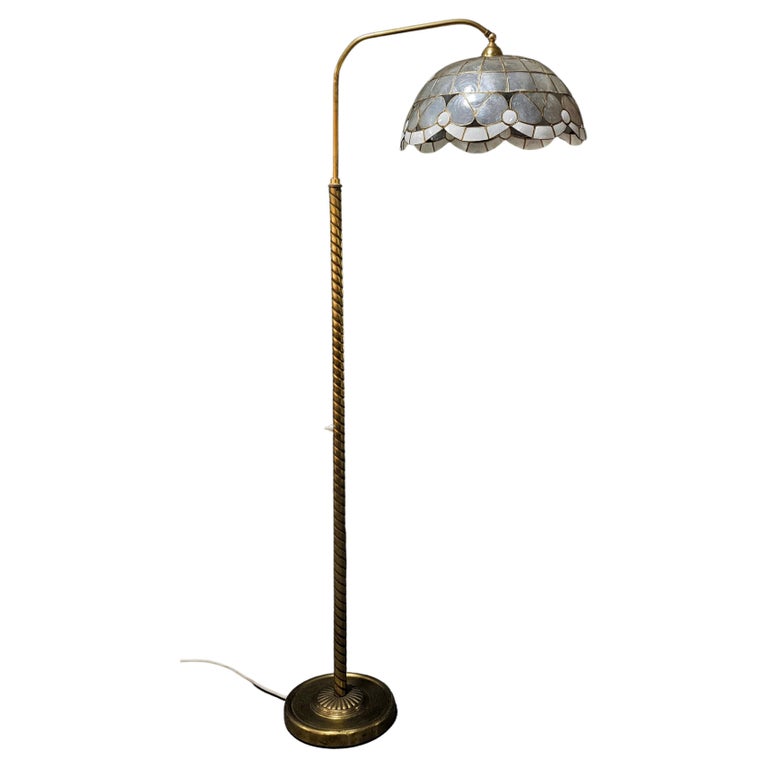 Hollywood Regency Brass Floor Lamp with Mother of Pearl Shade, Italy