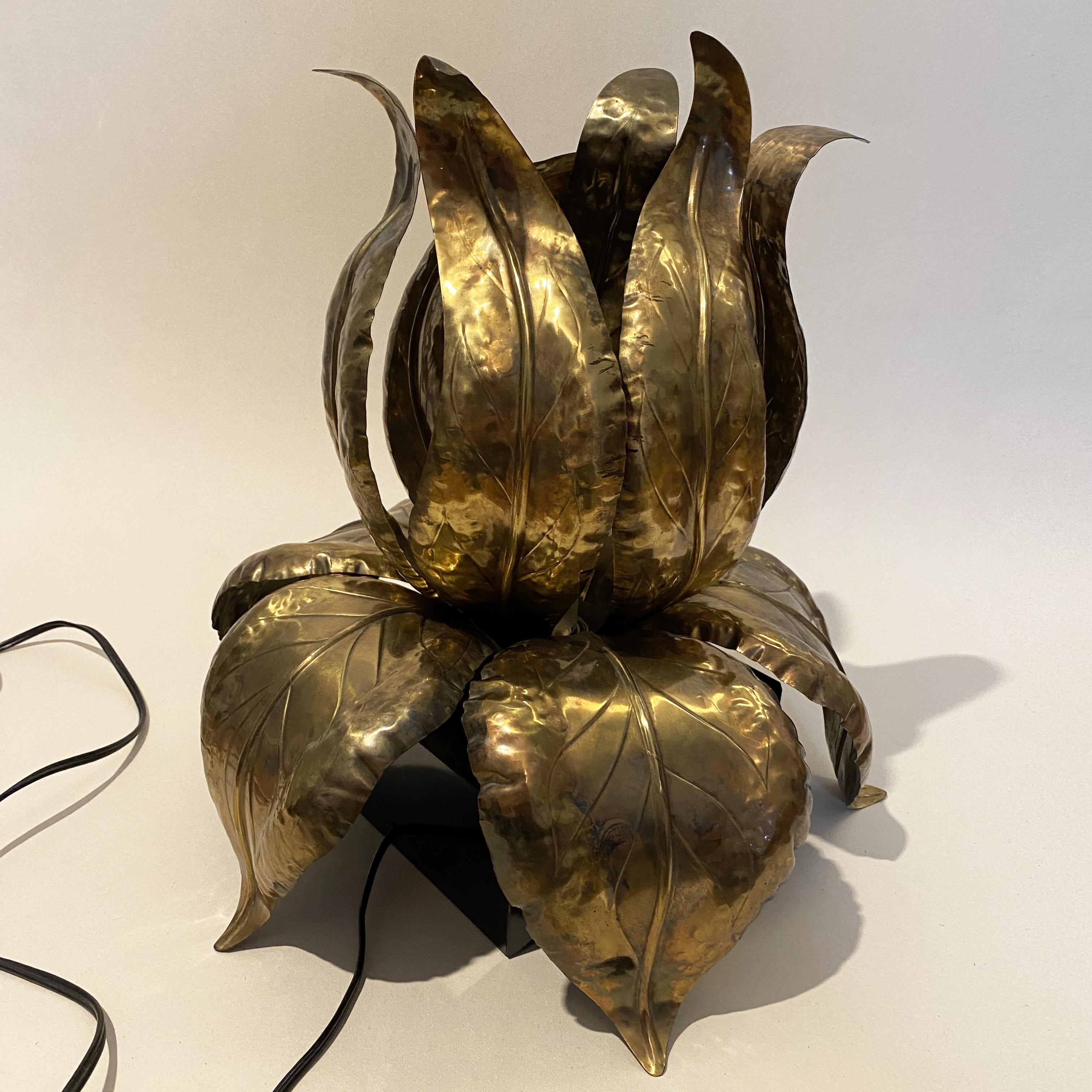 French Hollywood Regency Brass Foliage (iris / water lily) Lamp by Maison Jansen, 1970s