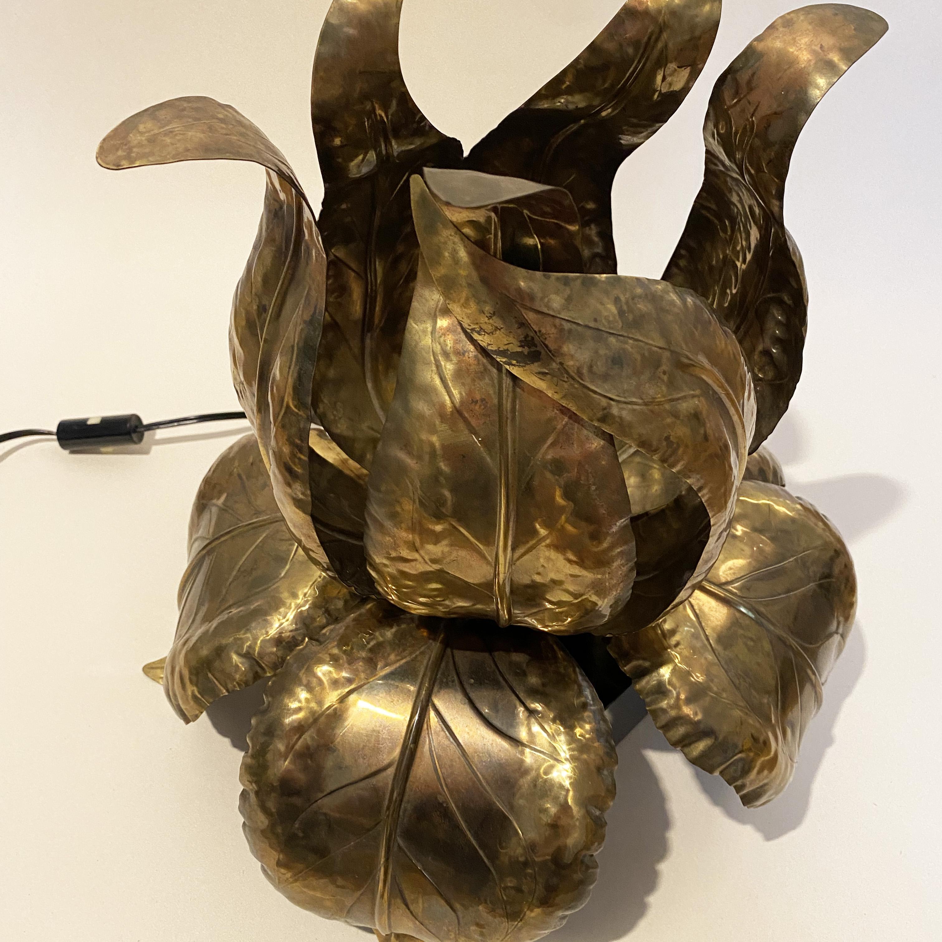 Hollywood Regency Brass Foliage (iris / water lily) Lamp by Maison Jansen, 1970s 3