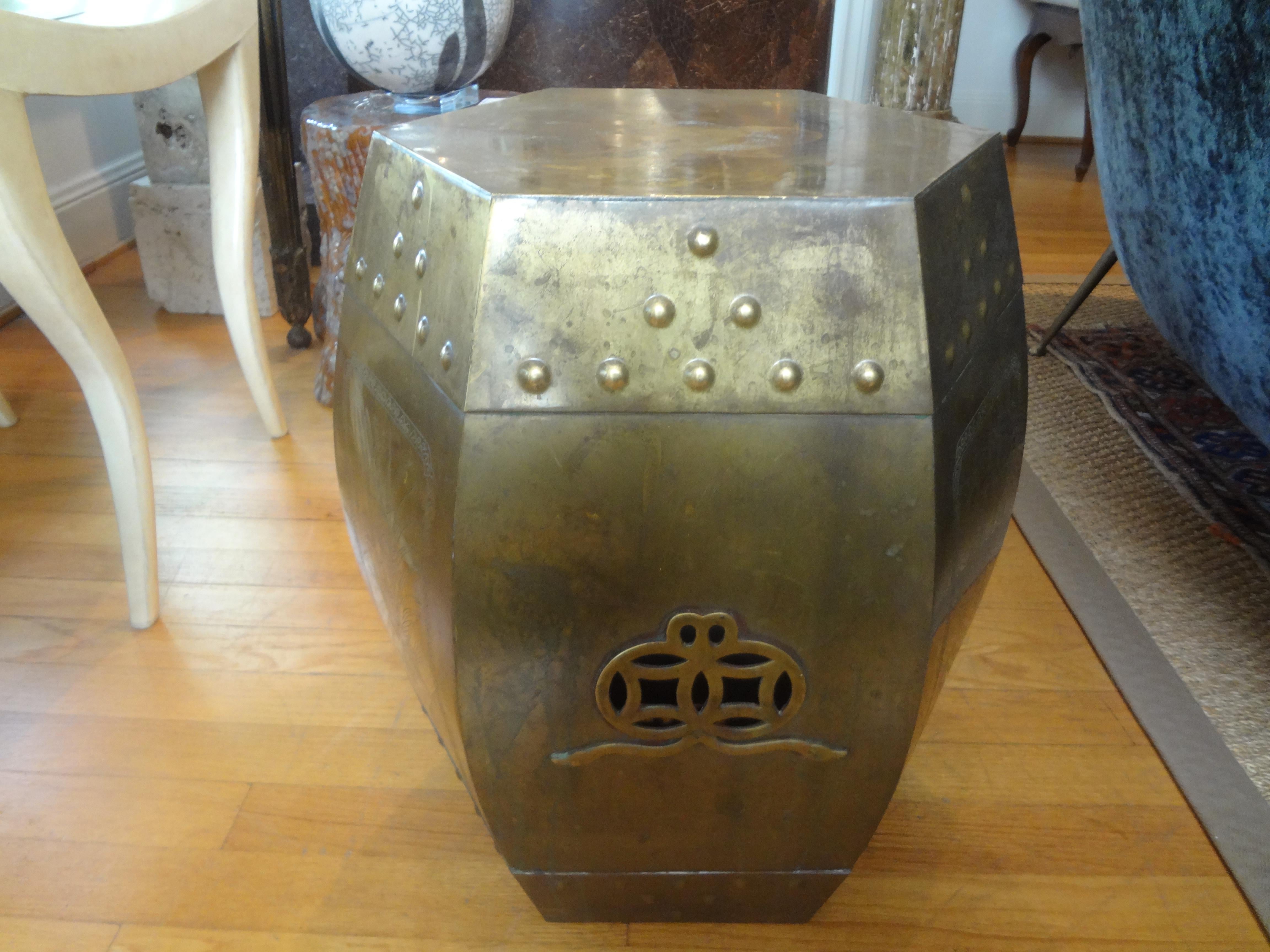 Hollywood Regency brass garden seat or table. Our vintage brass garden stool has a beautiful etched design. This large scale hollywood regency or Asian modern brass garden seat or table would look great in a variety of interiors.
Tony Duquette used