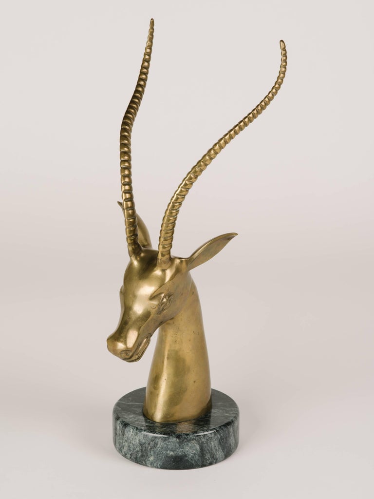 Hollywood Regency Brass Gazelle Sculpture with Exotic Marble Base, c. 1970's For Sale 4