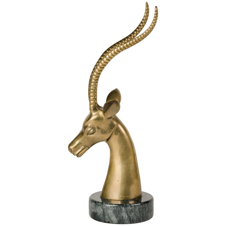 American Hollywood Regency Brass Gazelle Sculpture with Exotic Marble Base, c. 1970's For Sale