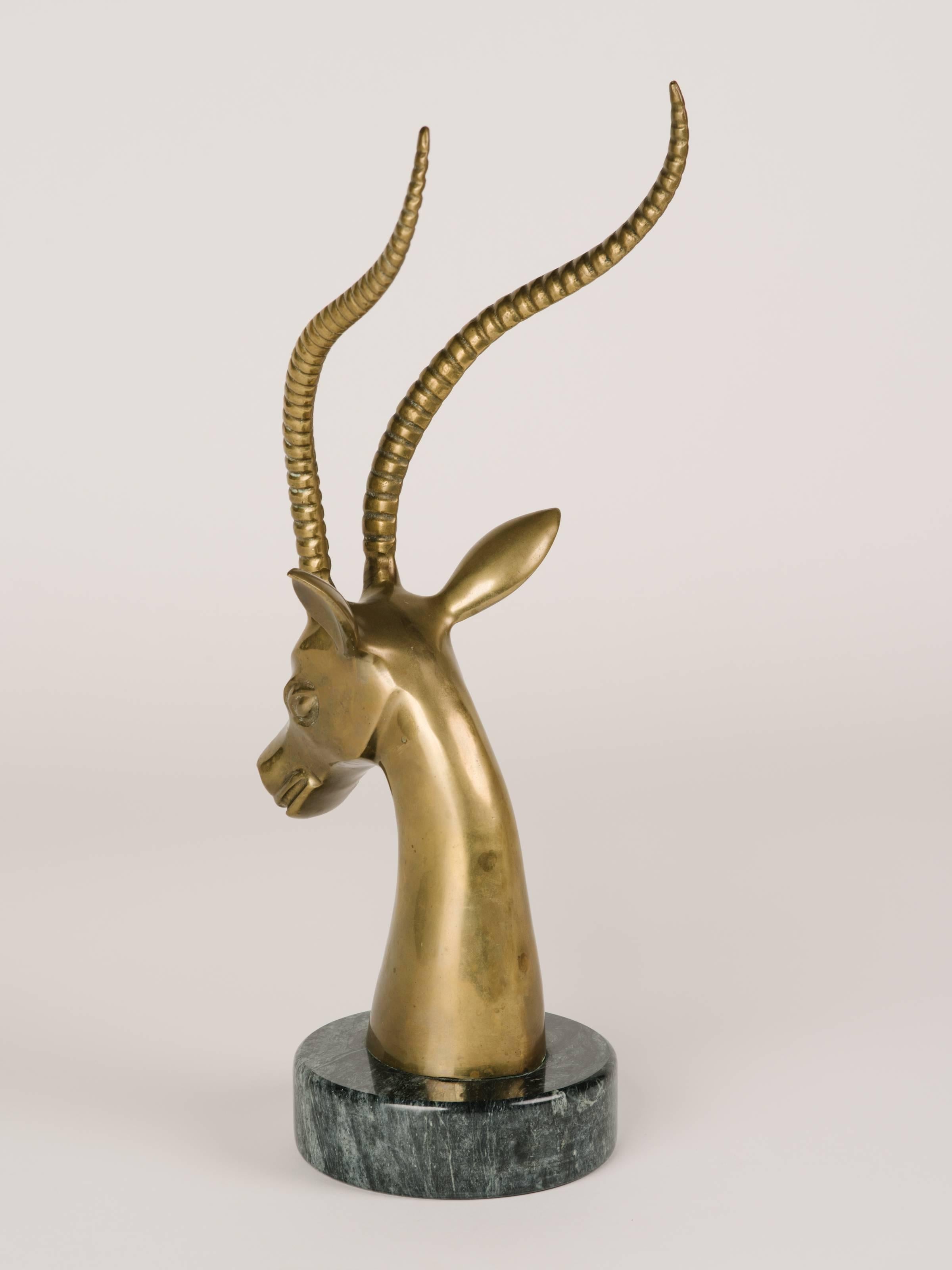 American Mid-Century Modern Brass Gazelle Sculpture with Exotic Marble Base, c. 1970's For Sale