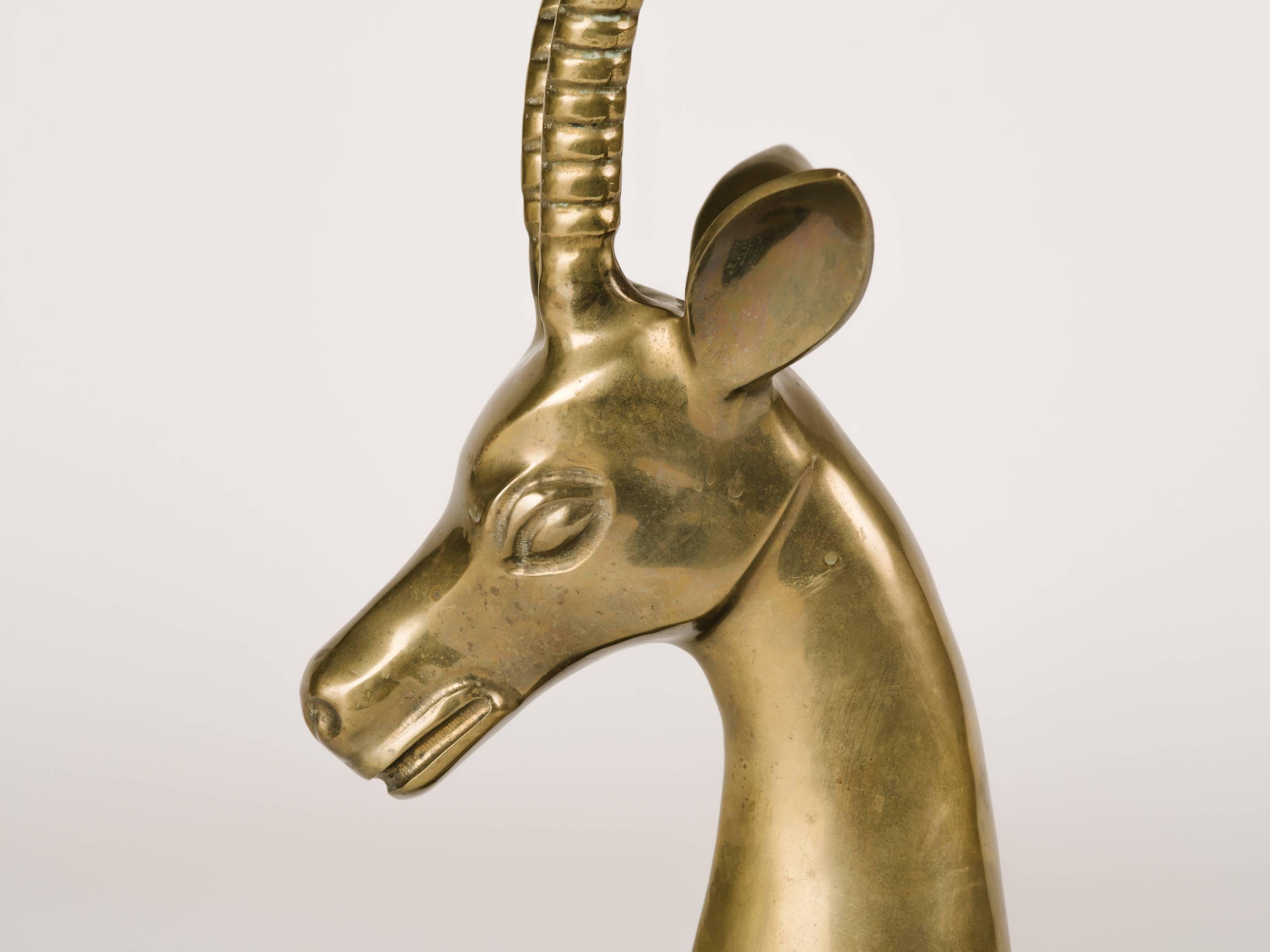 Hand-Crafted Mid-Century Modern Brass Gazelle Sculpture with Exotic Marble Base, c. 1970's For Sale