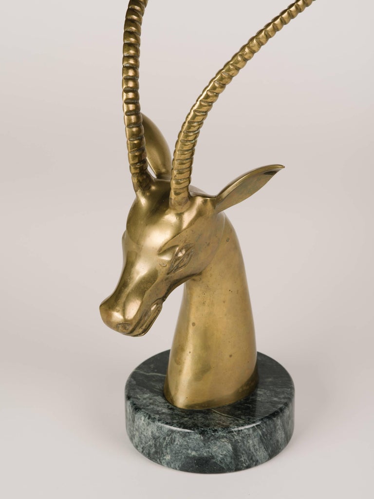 Hollywood Regency Brass Gazelle Sculpture with Exotic Marble Base, c. 1970's For Sale 1