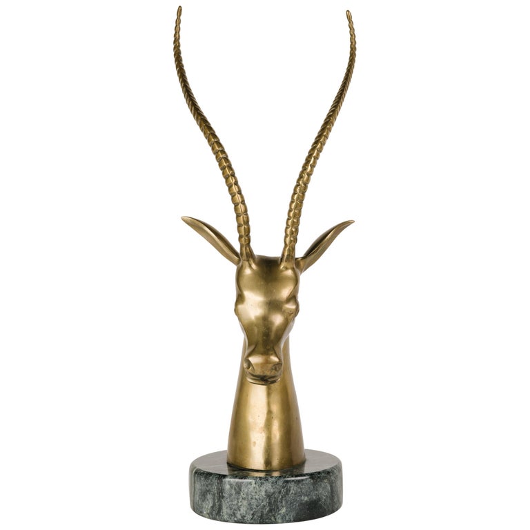 Hollywood Regency Brass Gazelle Sculpture with Exotic Marble Base, c. 1970's For Sale