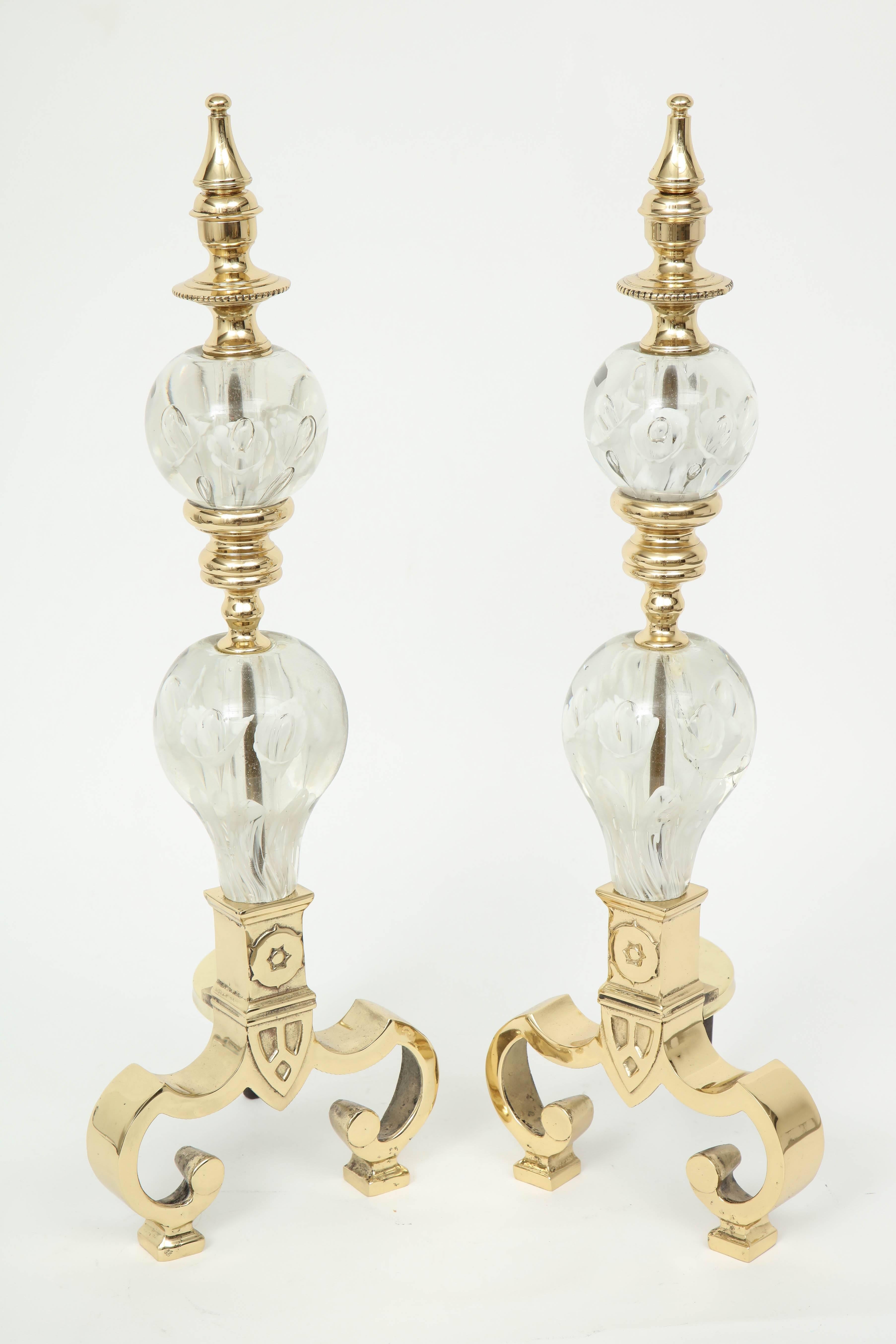 20th Century Hollywood Regency Brass/Glass Andirons