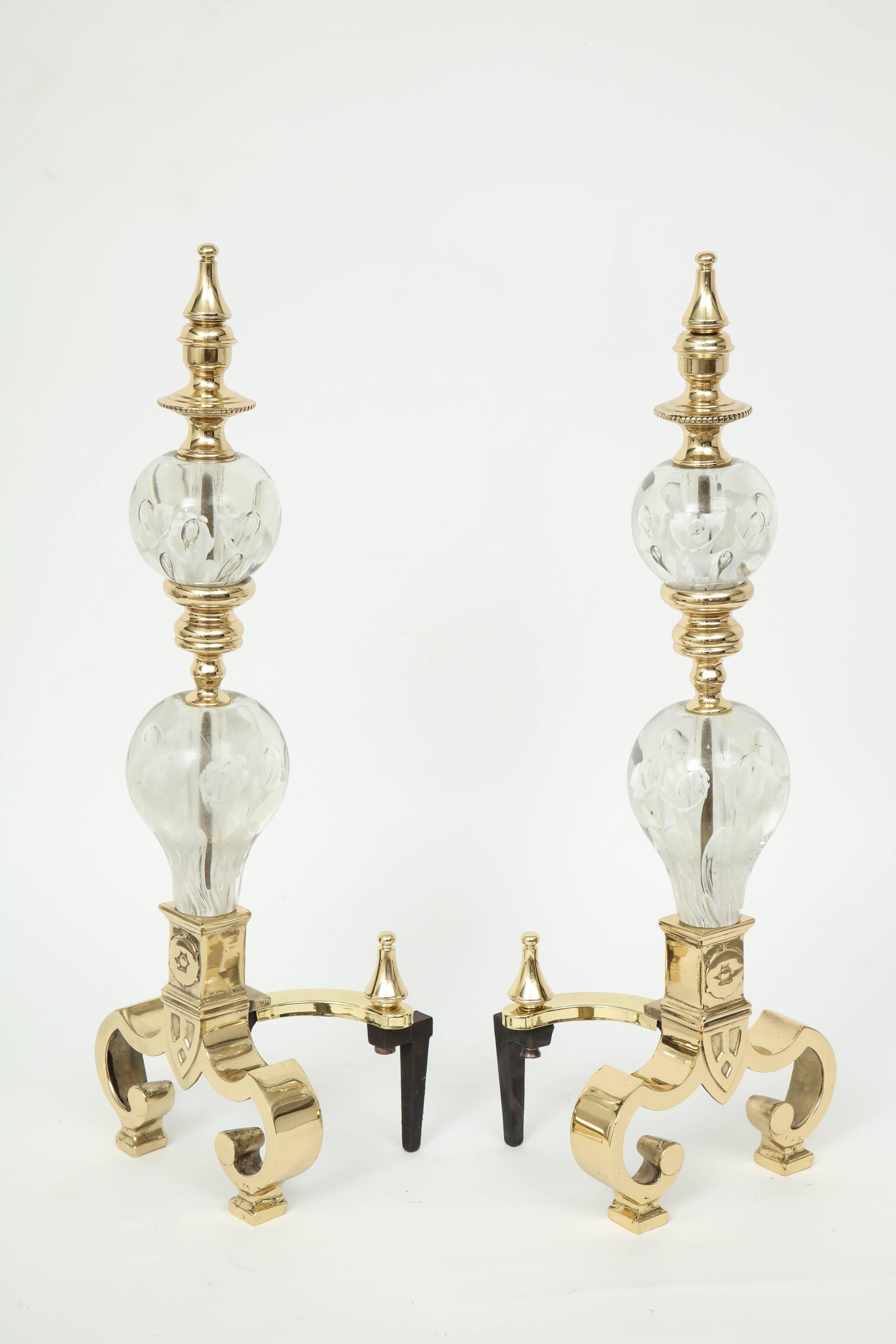 Hollywood Regency Brass/Glass Andirons 1