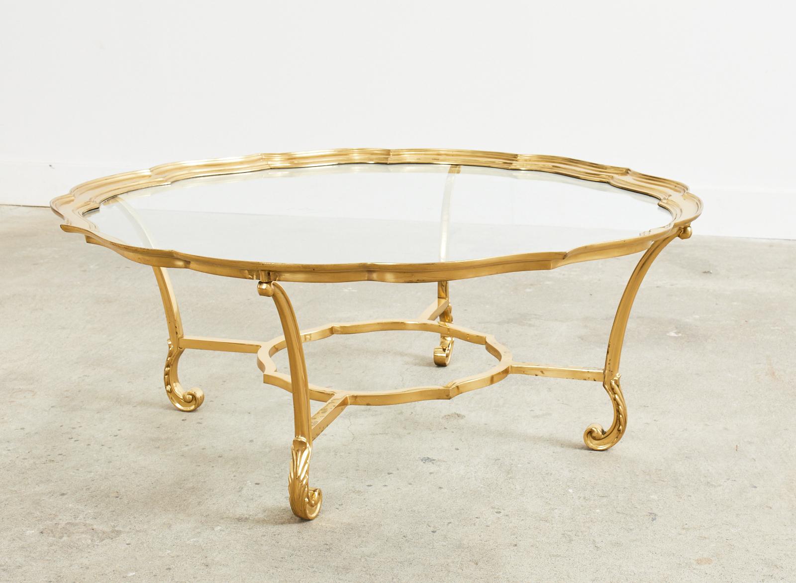 Polished Hollywood Regency Brass Glass Cocktail Table by Labarge