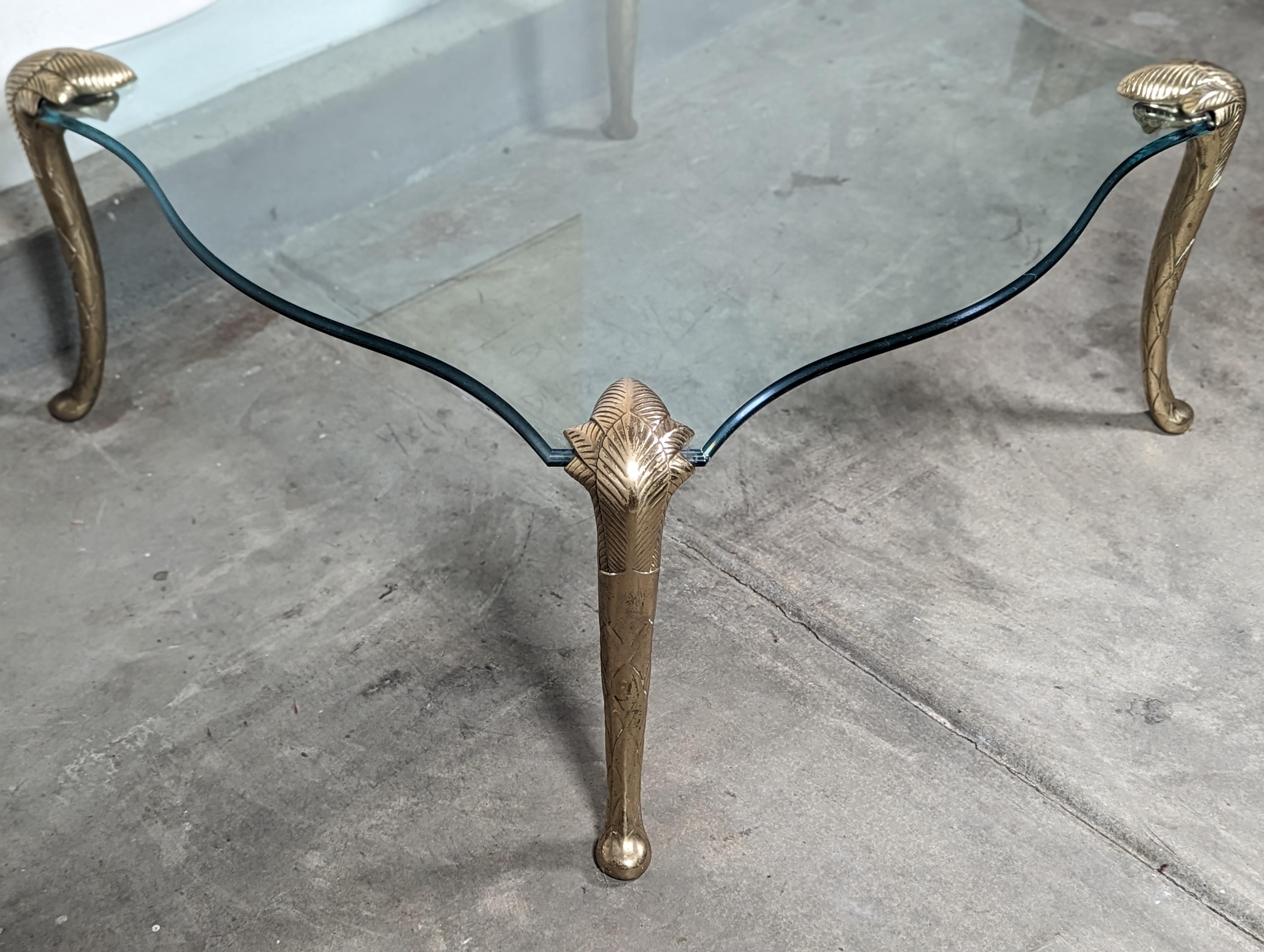 Beveled Hollywood Regency Brass & Glass Coffee Table in the Style of P.E. Guerin, c1970s For Sale