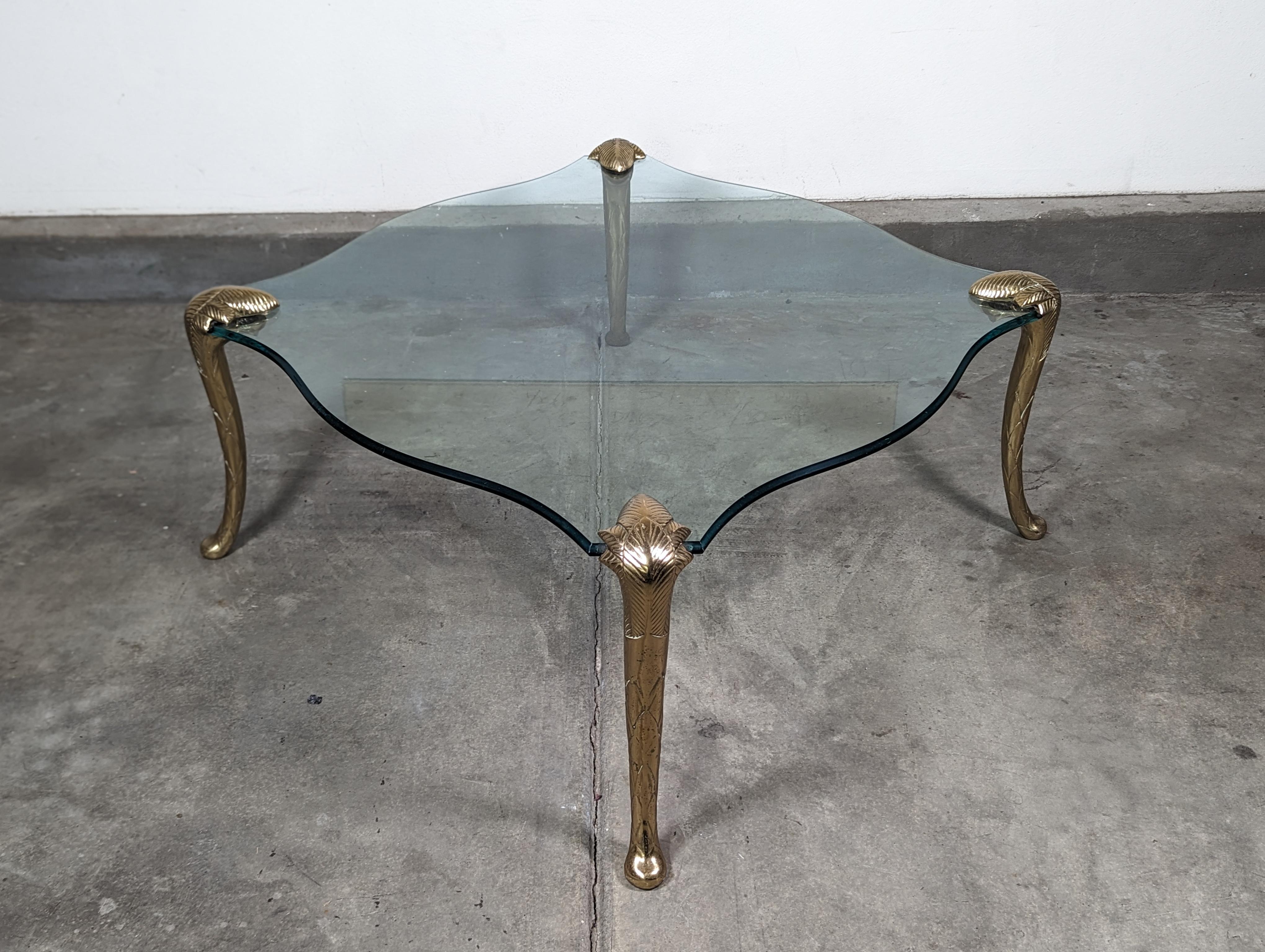 Late 20th Century Hollywood Regency Brass & Glass Coffee Table in the Style of P.E. Guerin, c1970s For Sale