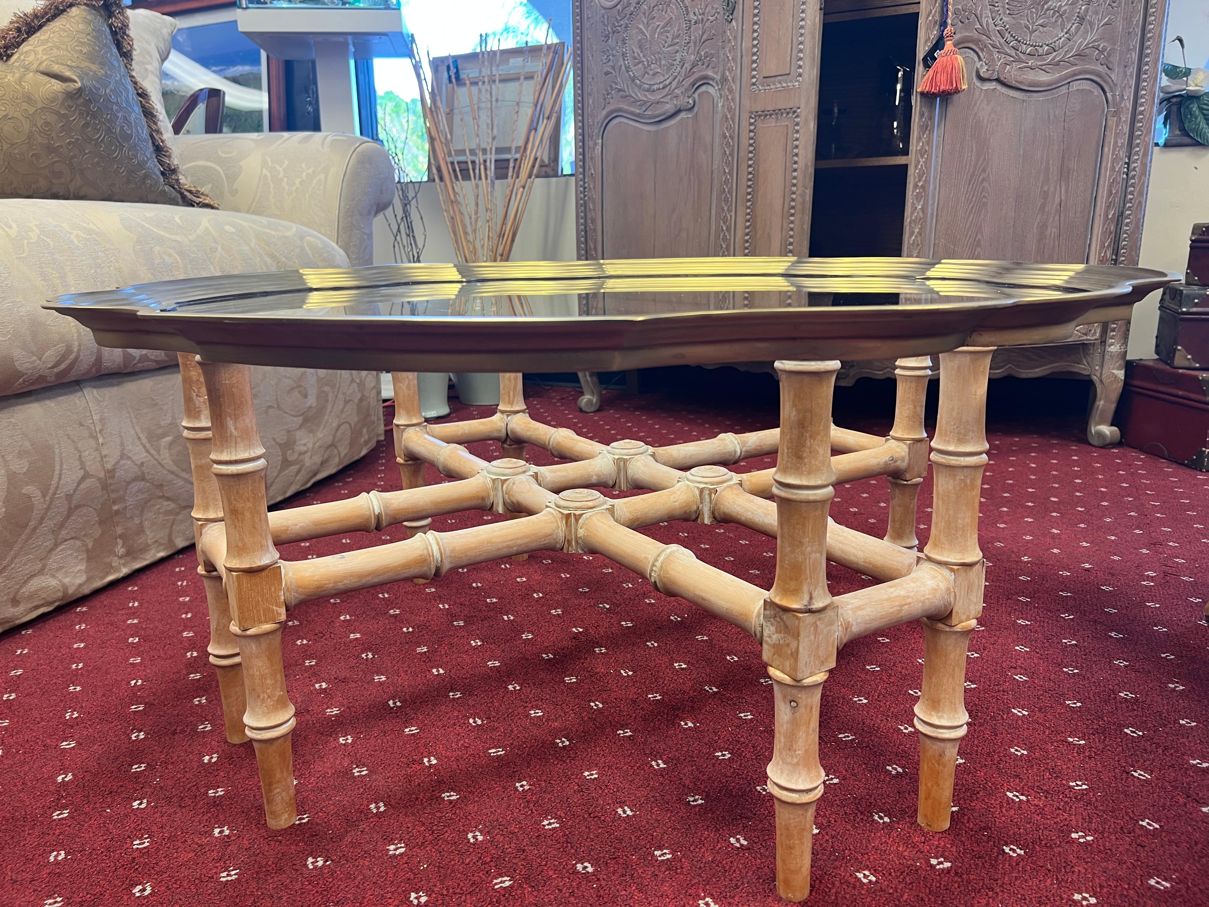 Hand-Crafted Hollywood Regency Brass & Glass Coffee Tray Table on Faux Bamboo Wood Base For Sale
