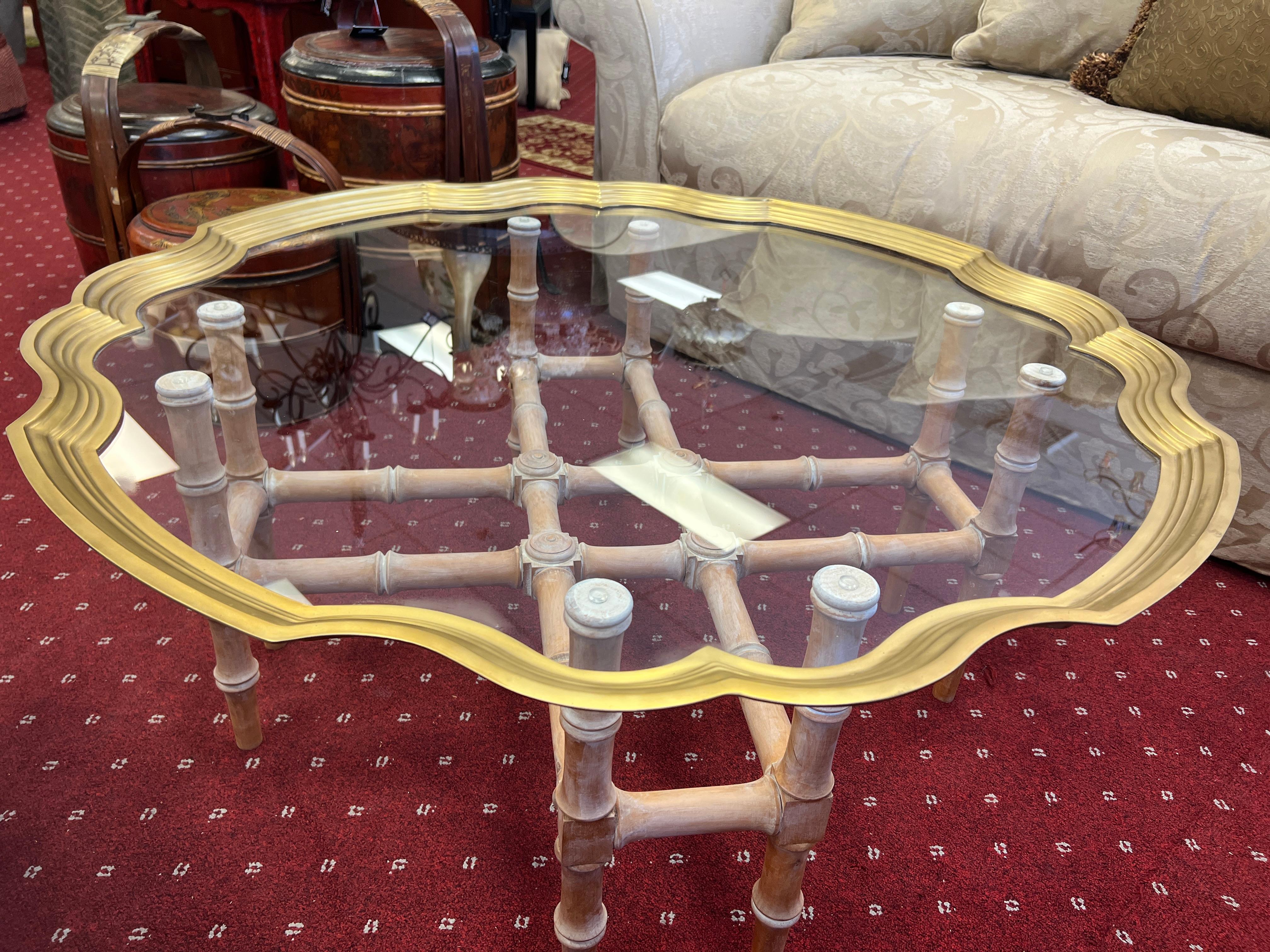 Hollywood Regency Brass & Glass Coffee Tray Table on Faux Bamboo Wood Base For Sale 1