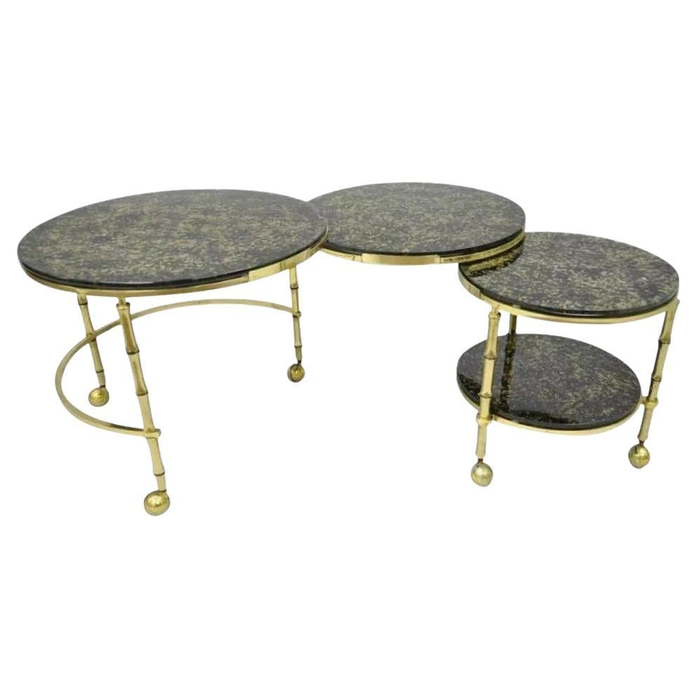Table basse d'appoint ronde en laiton et verre imitation bambou Hollywood Regency